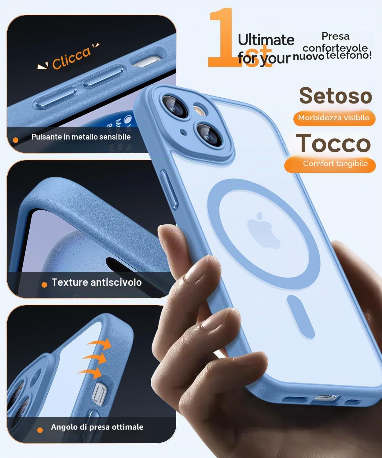 Detalle de CANSHN Cover Magnetica per iPhone 15 – Protezione completa fotocamera, TPU/PC, Azzurro