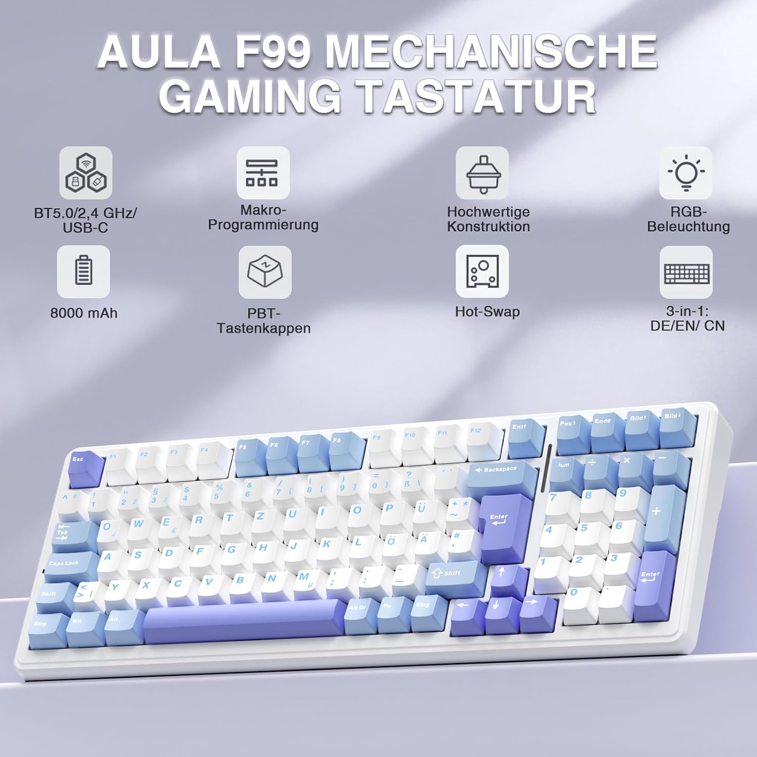 Detalle 2 de AULA F99 mechanische Gaming-Tastatur (kabellos) mit QWERTZ, Hot Swap, BT5.0/2,4 GHz/USB-C und RGB