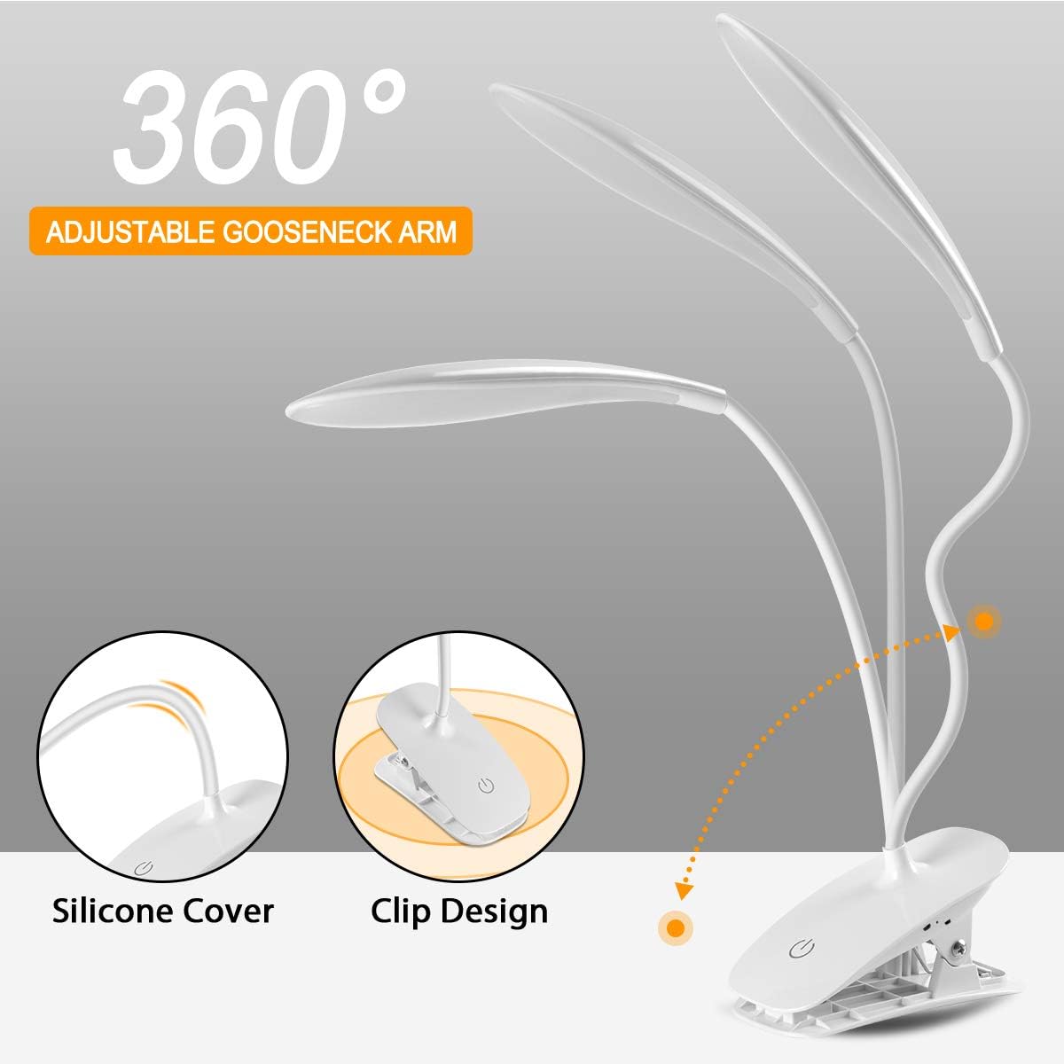 Thumbnail 3 de URAQT Lampada da lettura con pinza e USB ricaricabile (20 LED), braccio flessibile 360°