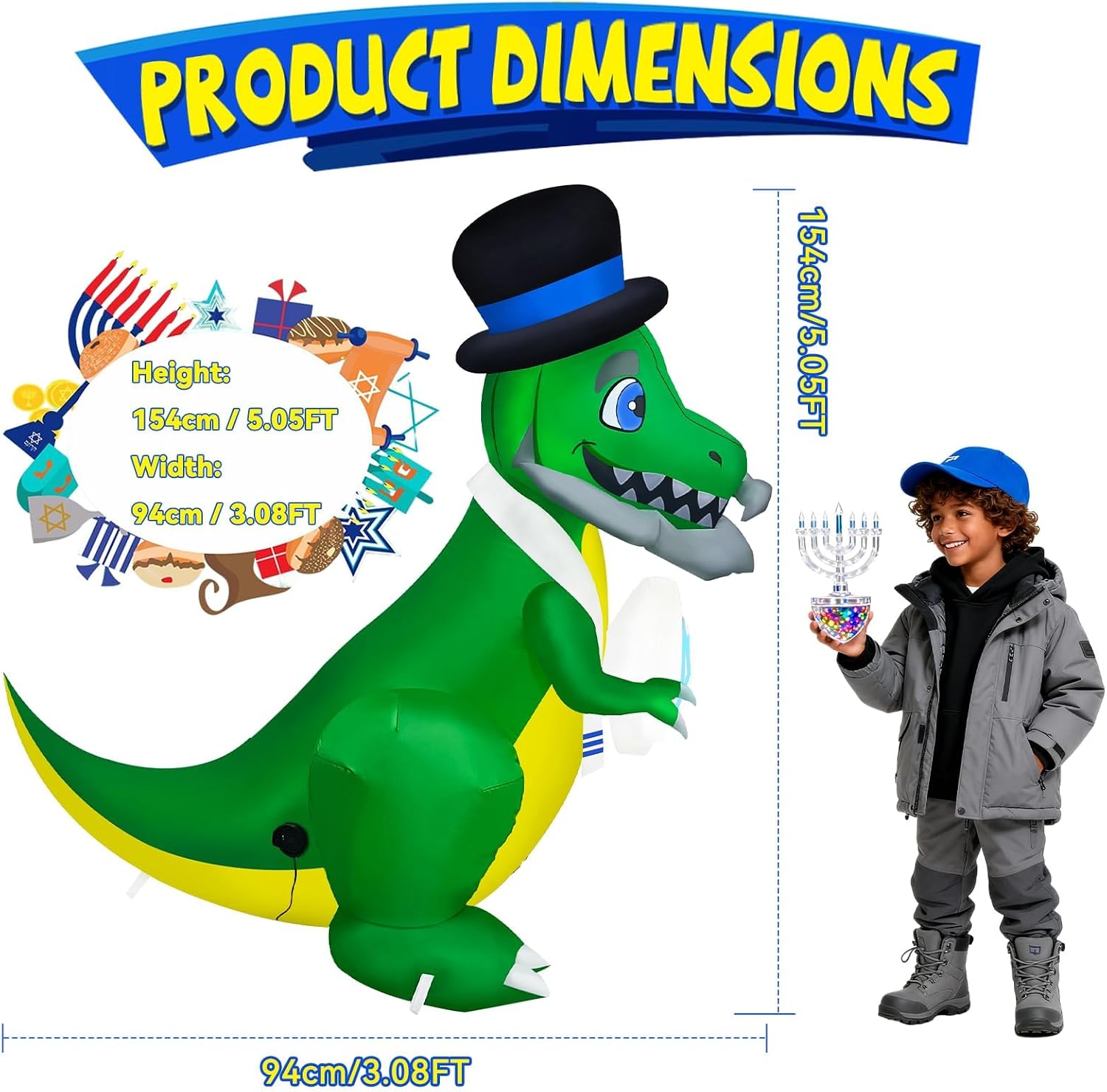 Thumbnail 1 de Kalolary K511 Hanukkah Inflatable Dinosaur with Multicolor LEDs, 5-Foot