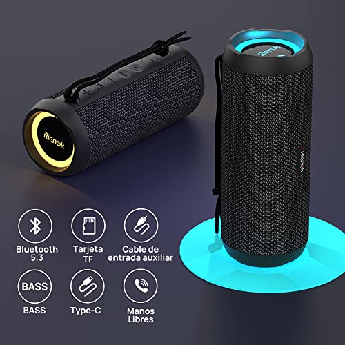 Detalle de RIENOK Altavoz Bluetooth 30W Portátil: potencia, impermeabilidad IPX7 y RGB para fiestas al aire libre