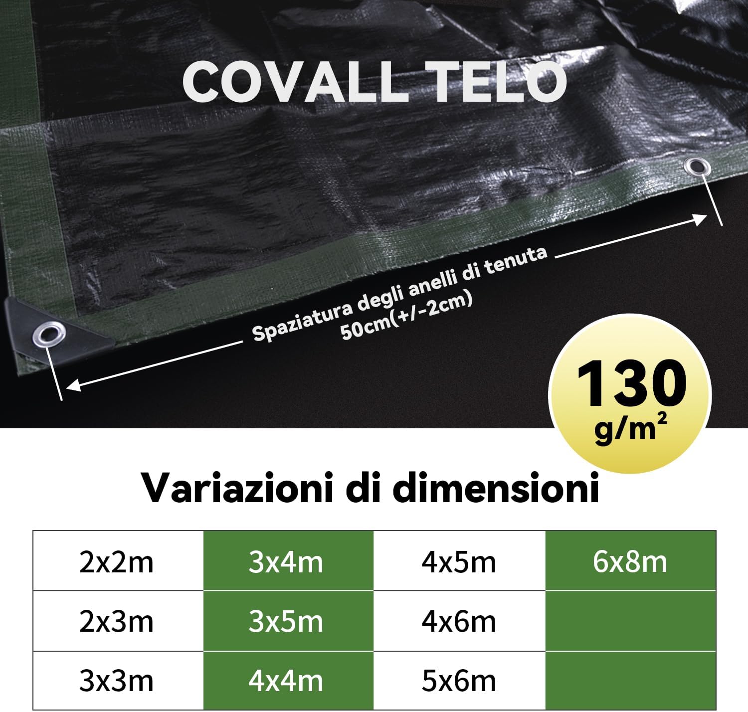 Thumbnail 4 de COVALL telo telone 2x2 m impermeabile esterno in HDPE (verde scuro/nero) 130 g/m²