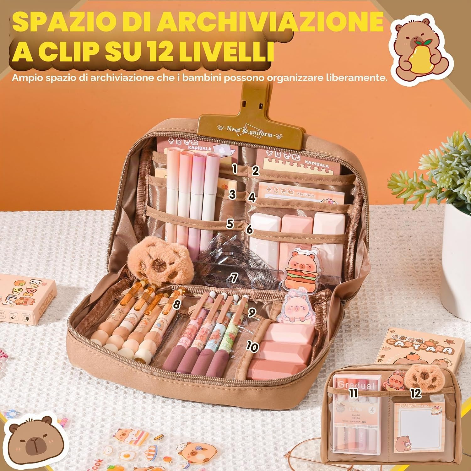 Thumbnail 2 de LTFIOON Capybara kit scuola Capibara con astuccio multistrato e accessori (penne, clip, righelli)