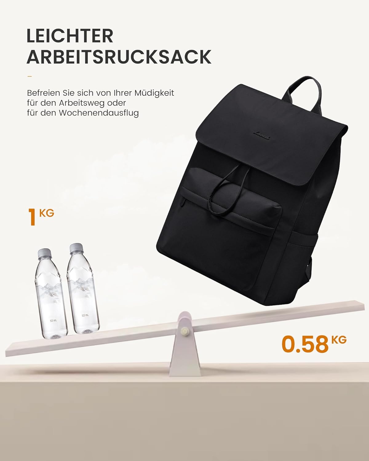 Detalle de LOVEVOOK Rucksack Damen – leichter Schulrucksack mit Laptopfach bis 15,6 Zoll, Schwarz