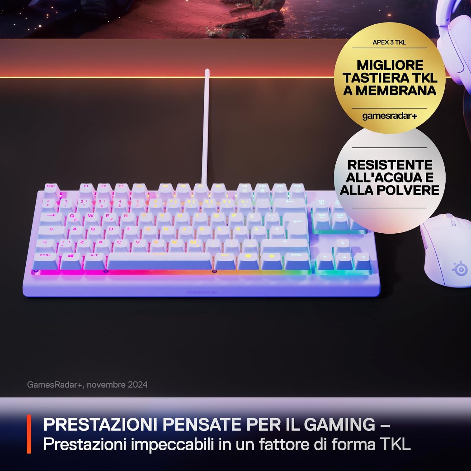 Thumbnail 1 de SteelSeries Apex 3 TKL Lavanda – tastiera gaming TKL UK QWERTY con RGB a 8 zone e switch silenziosi