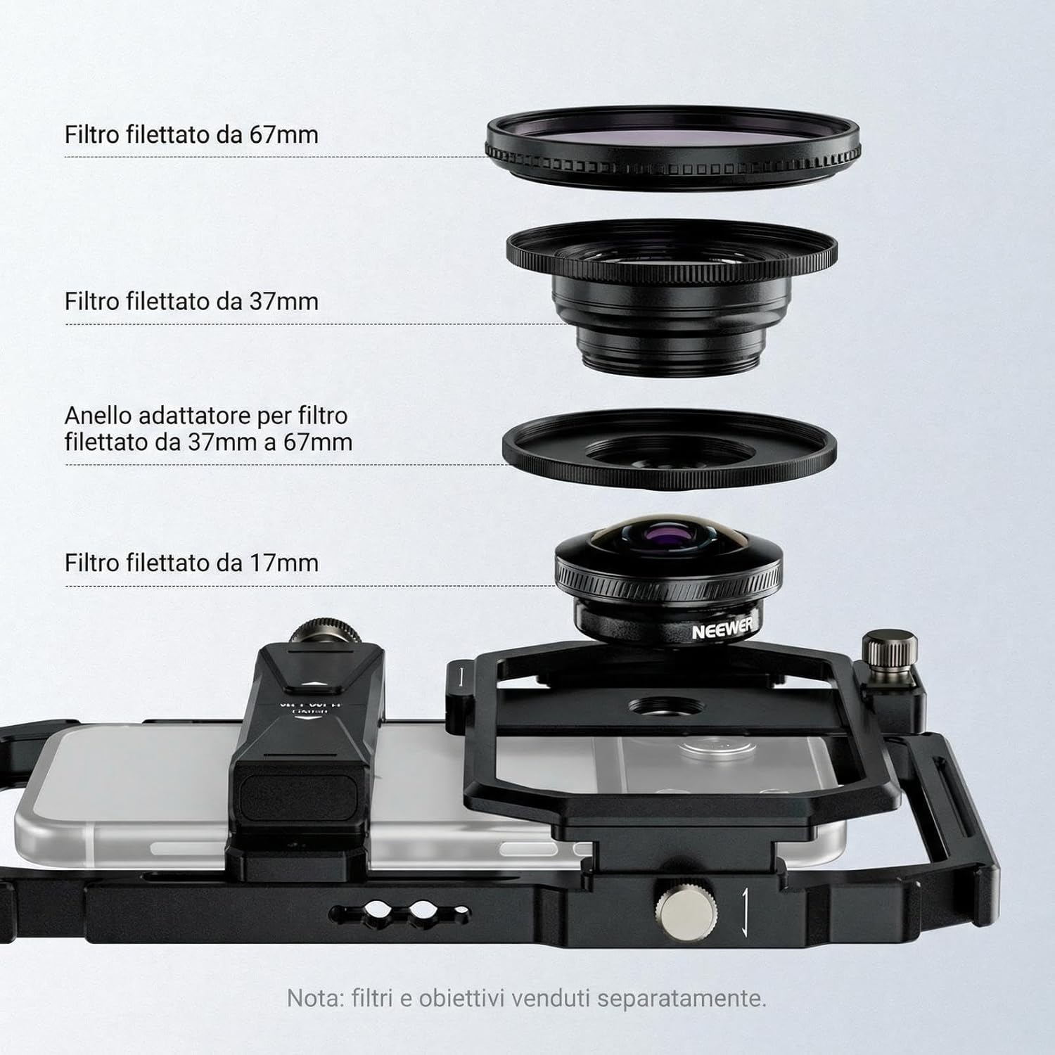 Detalle de NEEWER stabilizzatore universale per gabbia del telefono con anello adattatore filtro (17–37 mm e 67 mm)