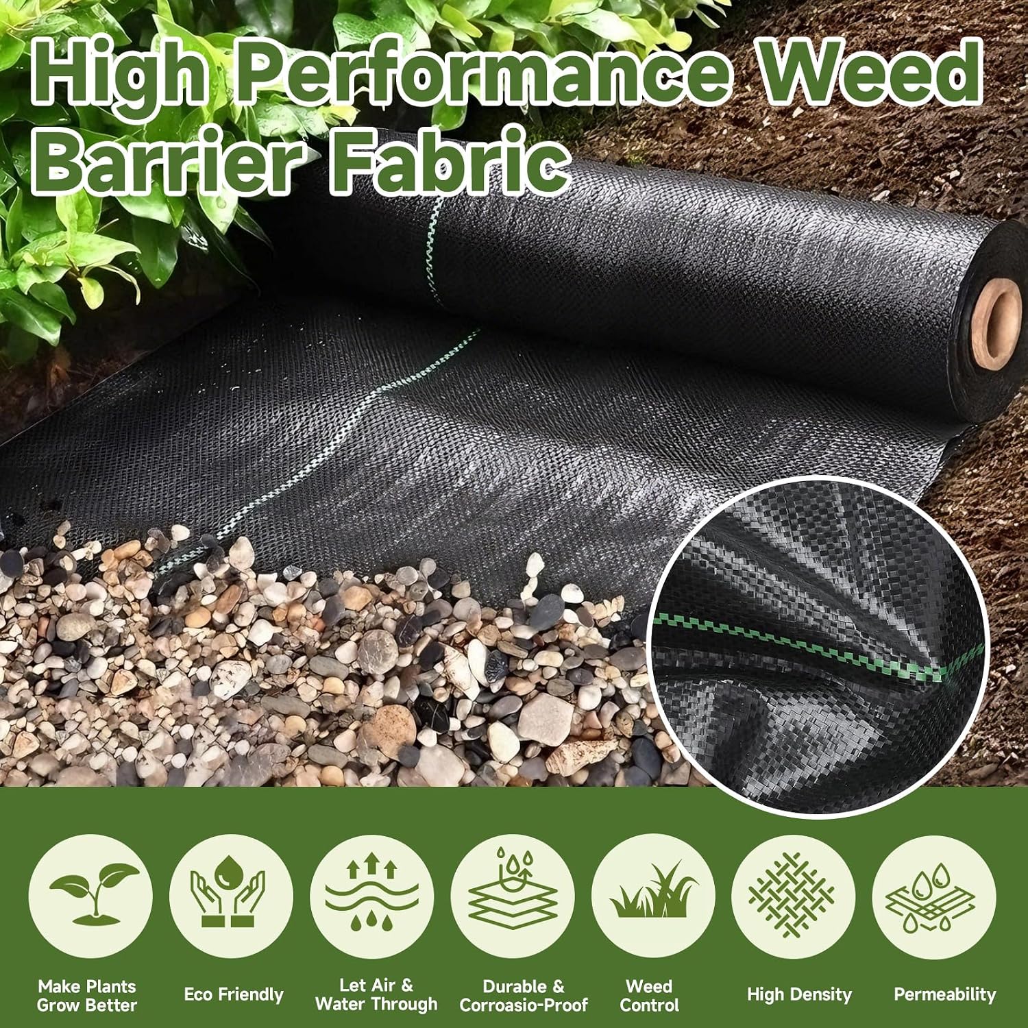 Detalle de LCGOD LC Weed Control Membrane onkruiddoek 2 x 10 m, 100 g/m², 30 haringen