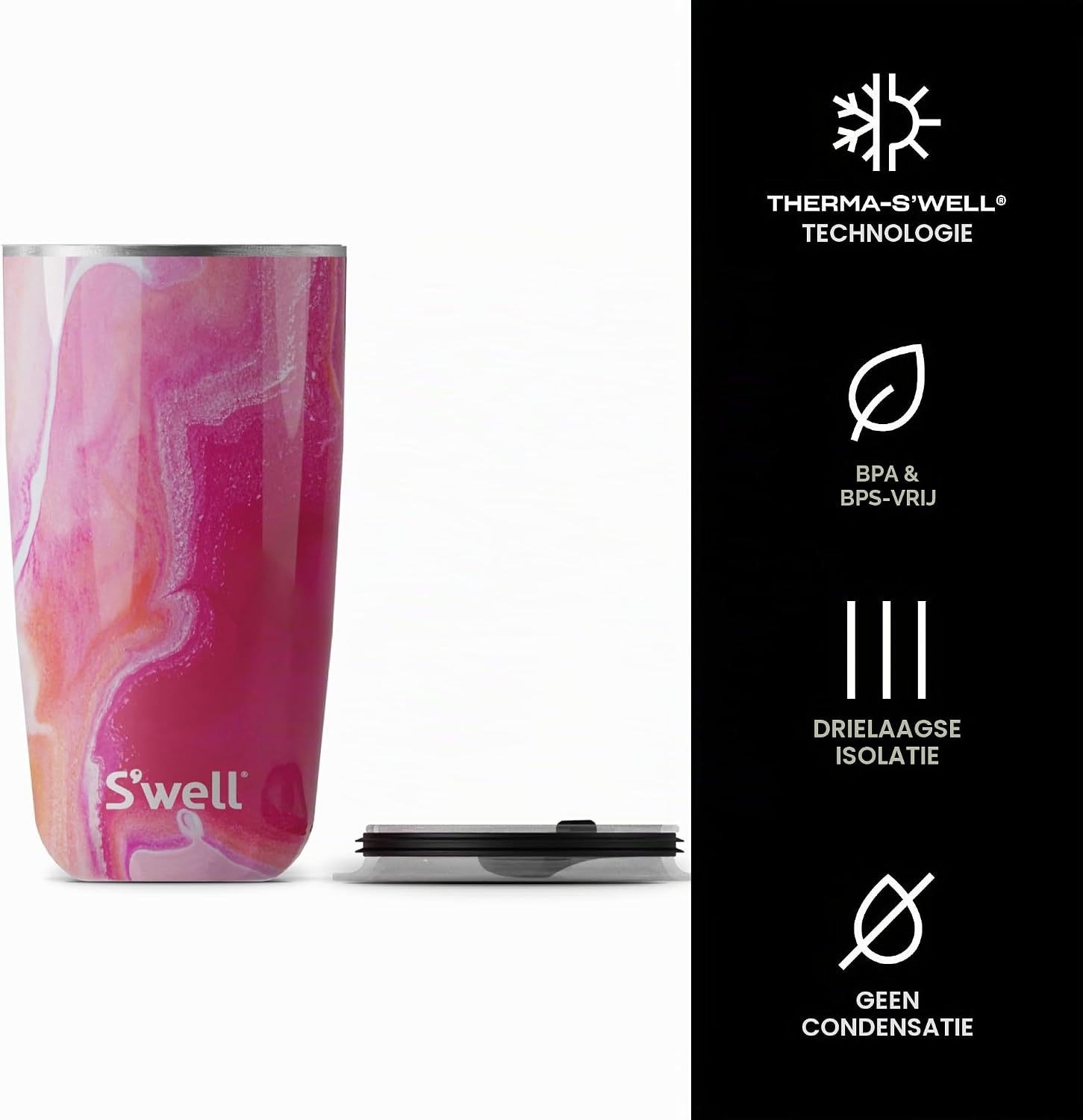Detalle 2 de S'well 13118-A21-67665 tumbler 530 ml Rose Agate, 18/8 staal en schuifdeksel