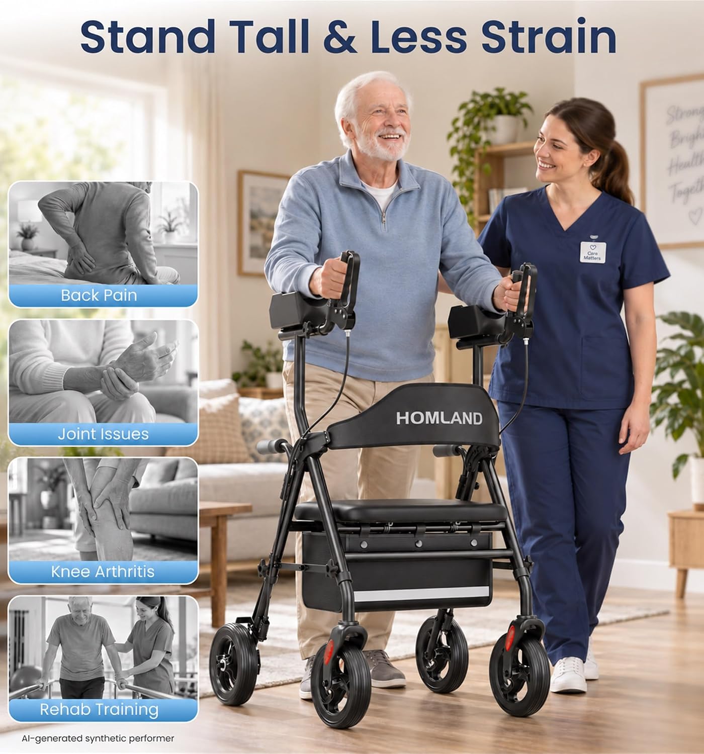 Detalle 2 de HOMLAND Upright Walker with Seat, 8-Inch Wheels, 16-Inch Padded Seat, 300 lb Capacity