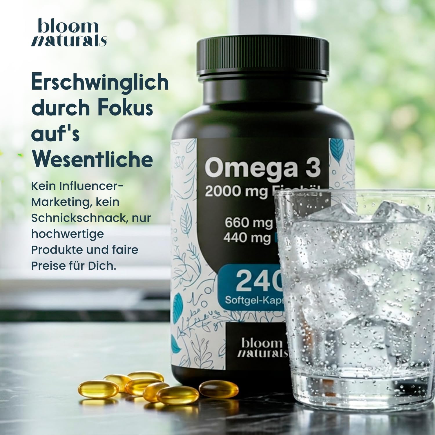 Detalle de Omega-3 Kapseln hochdosiert 2000 mg Fischöl – 240 Softgel-Kapseln mit 660 mg EPA und 440 mg DHA, hergestellt in Deutschland