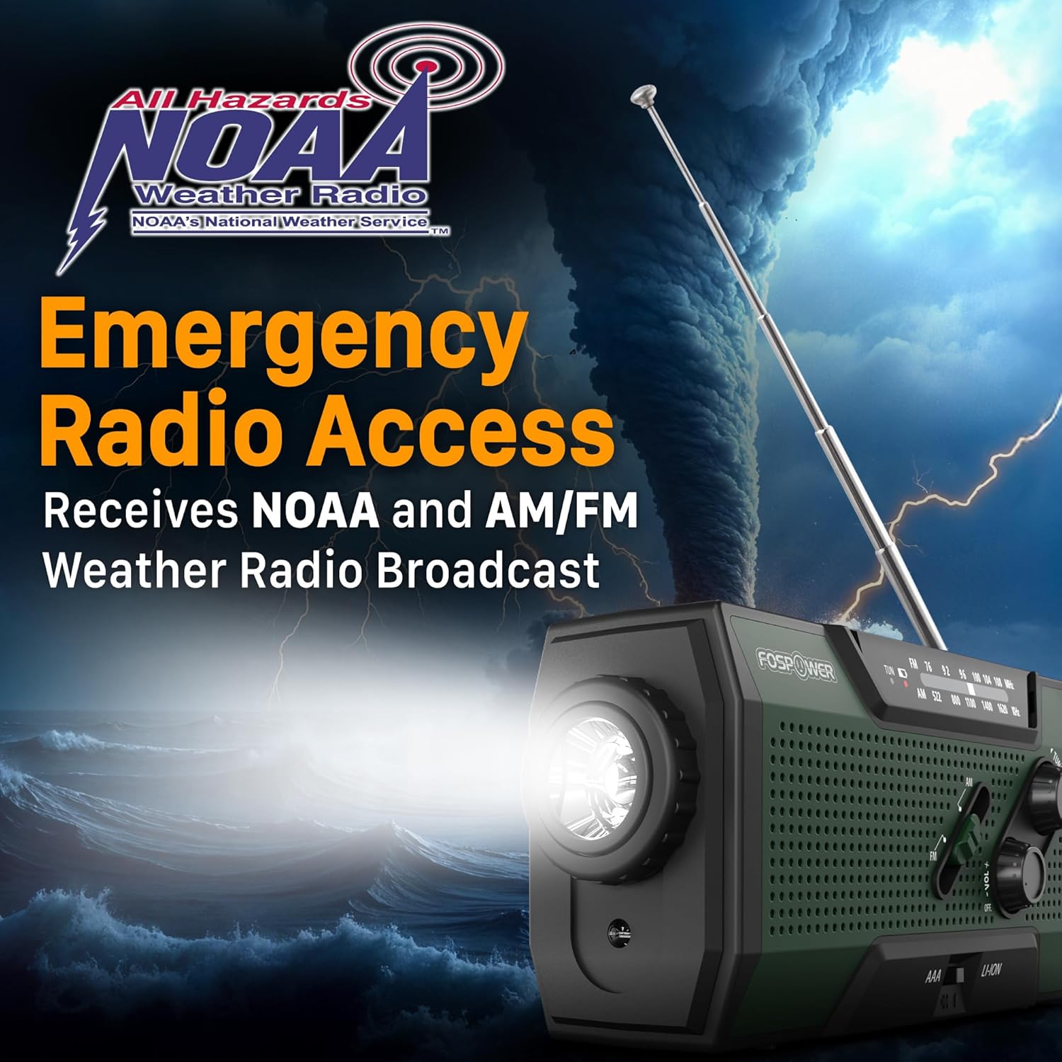Detalle 2 de FosPower FOSPWB-2376 : radio d’urgence météo portable avec batterie rechargeable 7400 mWh