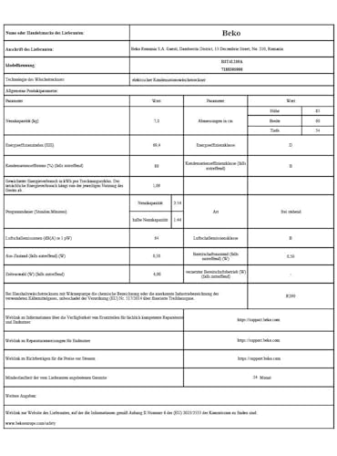 Thumbnail 11 de Beko B3T41239A Trockner – 7 kg Wärmepumpentrockner mit Dampffunktion und Knitterschutz