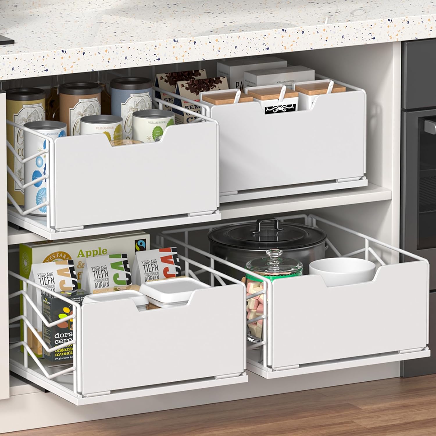 Detalle de ZOINLIY 2-Pack Pull-Out Cabinet Organizer, White Metal Pantry Drawer