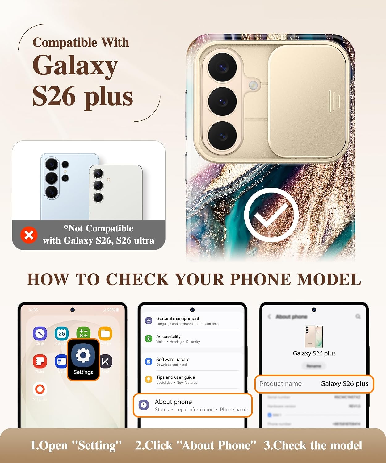 Detalle 2 de GVIEWIN Marble Case for Samsung Galaxy S26 Plus with Slide Camera Cover and HD Screen Protector