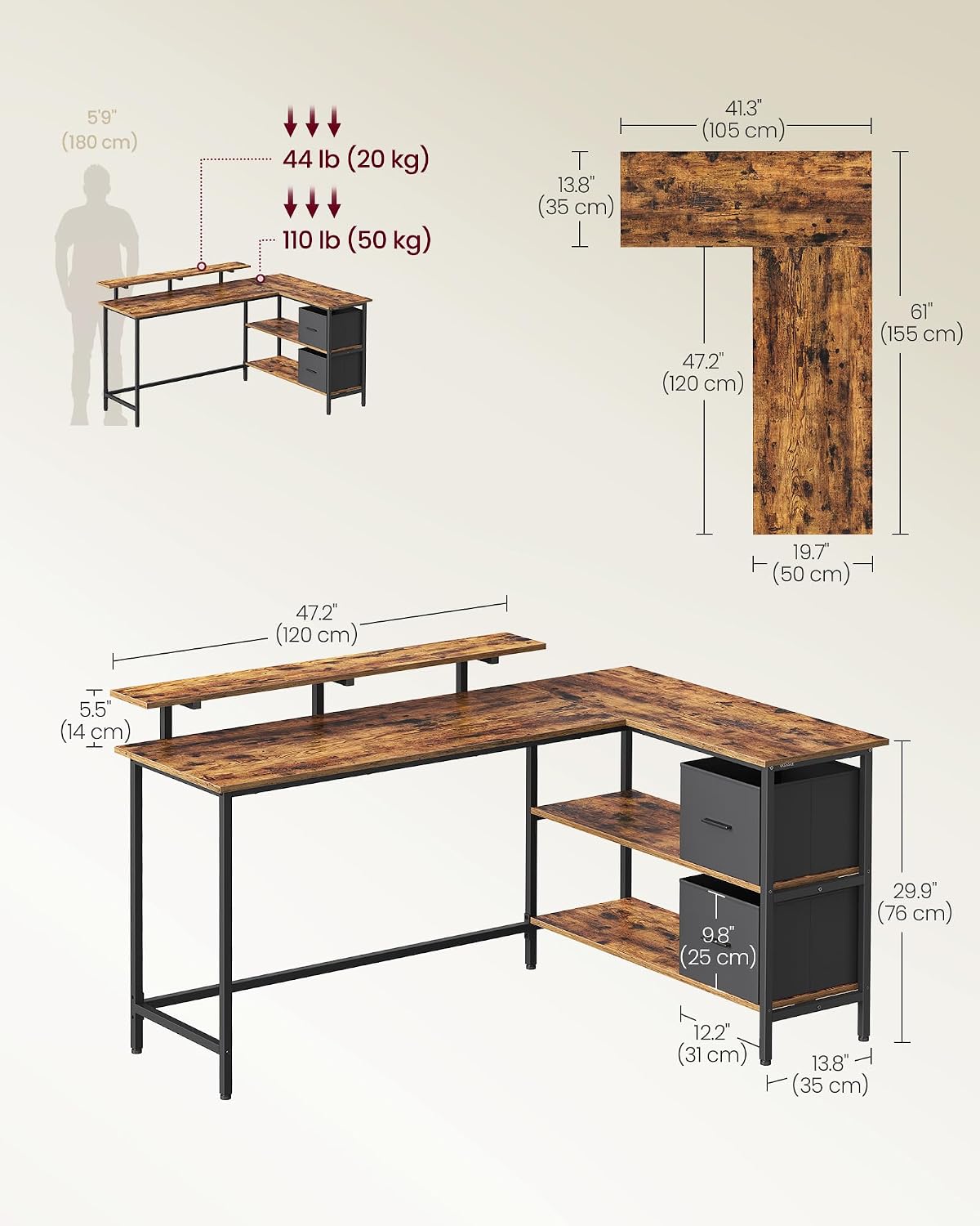 Thumbnail 6 de VASAGLE LWD129K101 L-Shaped Computer Desk with 2 Drawers and Monitor Stand