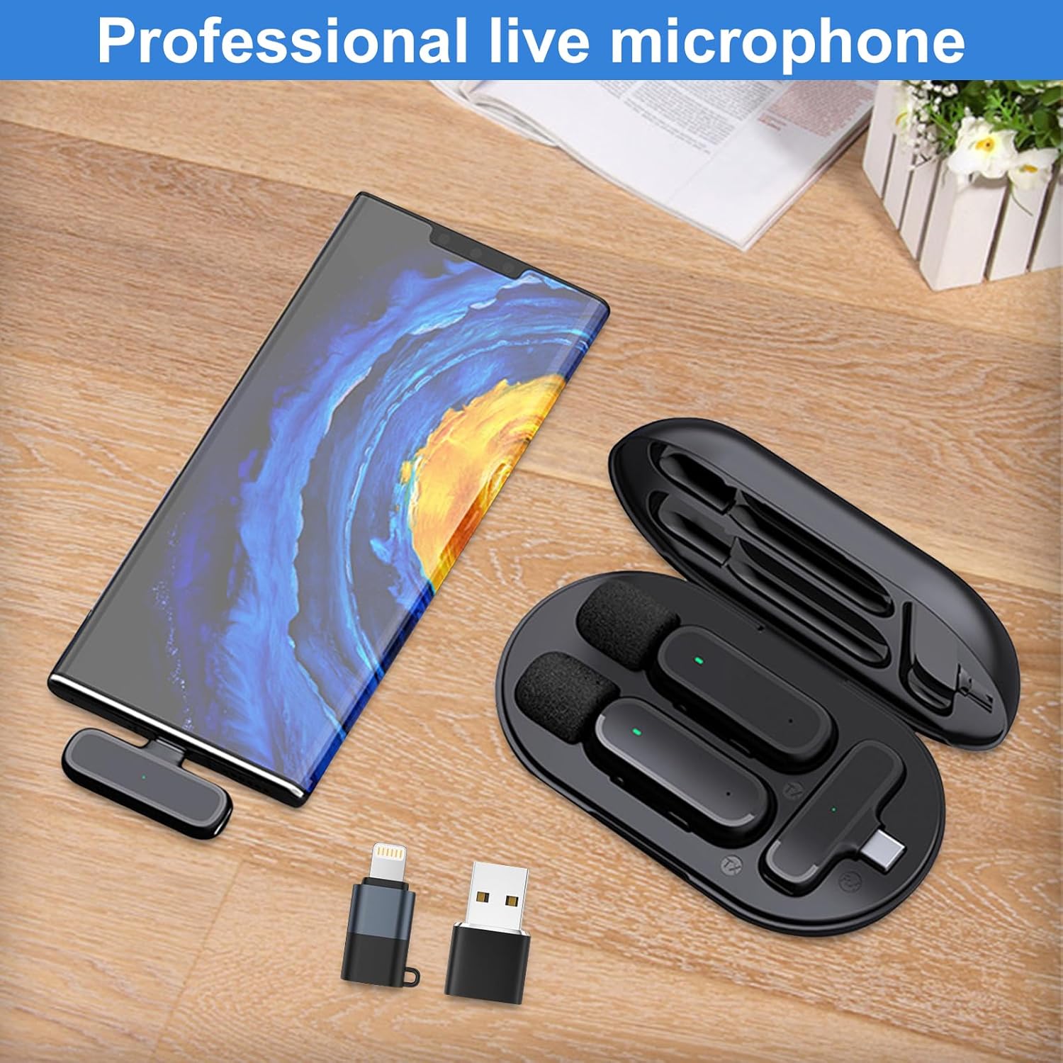 Detalle 2 de 2er-Set kabellose Lavalier-Mikrofone für Android – Plug & Play, mit Adapter, 65 ft Reichweite, Rauschunterdrückung