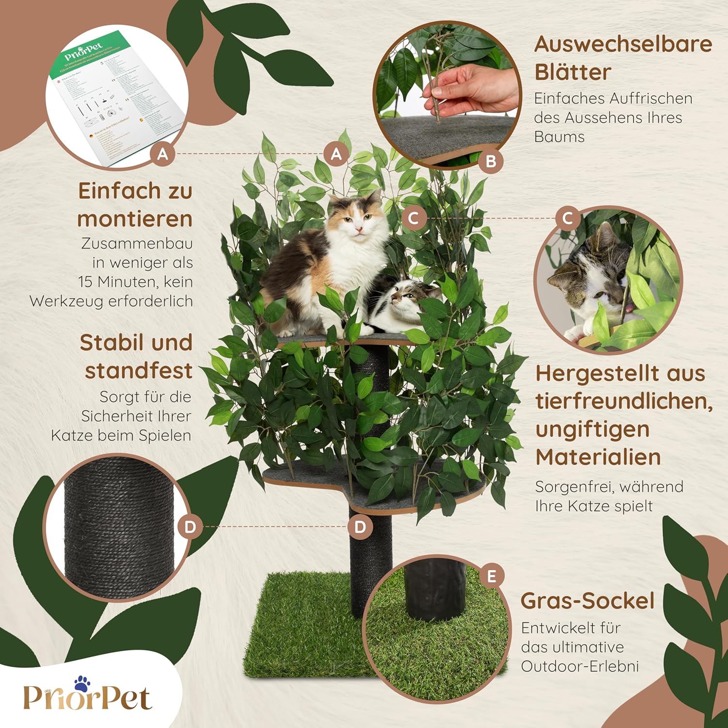 Detalle de Kratzbaum Natur 120 cm – Klettern, Verstecken und Schlafen mit austauschbaren Blättern
