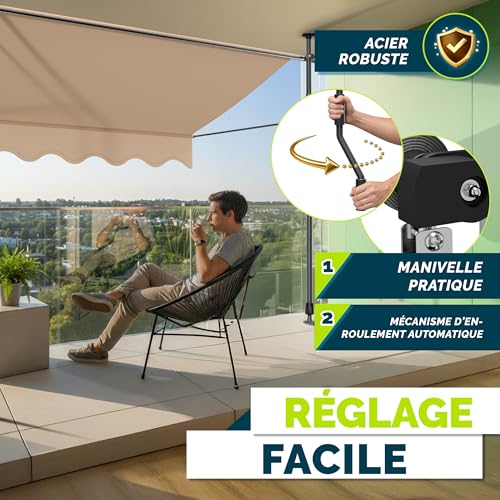 Thumbnail 4 de Tillvex Store Banne Manuel rétractable pour Le Balcon — Marquise de terrasse sans percement (Taupe, 200 cm)