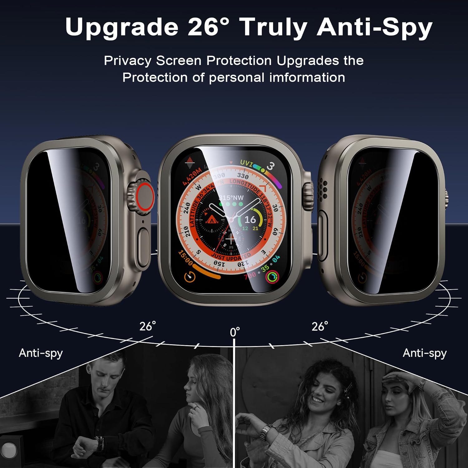 Thumbnail 1 de WSKEN Privacy Screen Protector for Apple Watch Ultra 3/2 (49mm) — 9H Tempered Glass + Titanium Alloy Frame