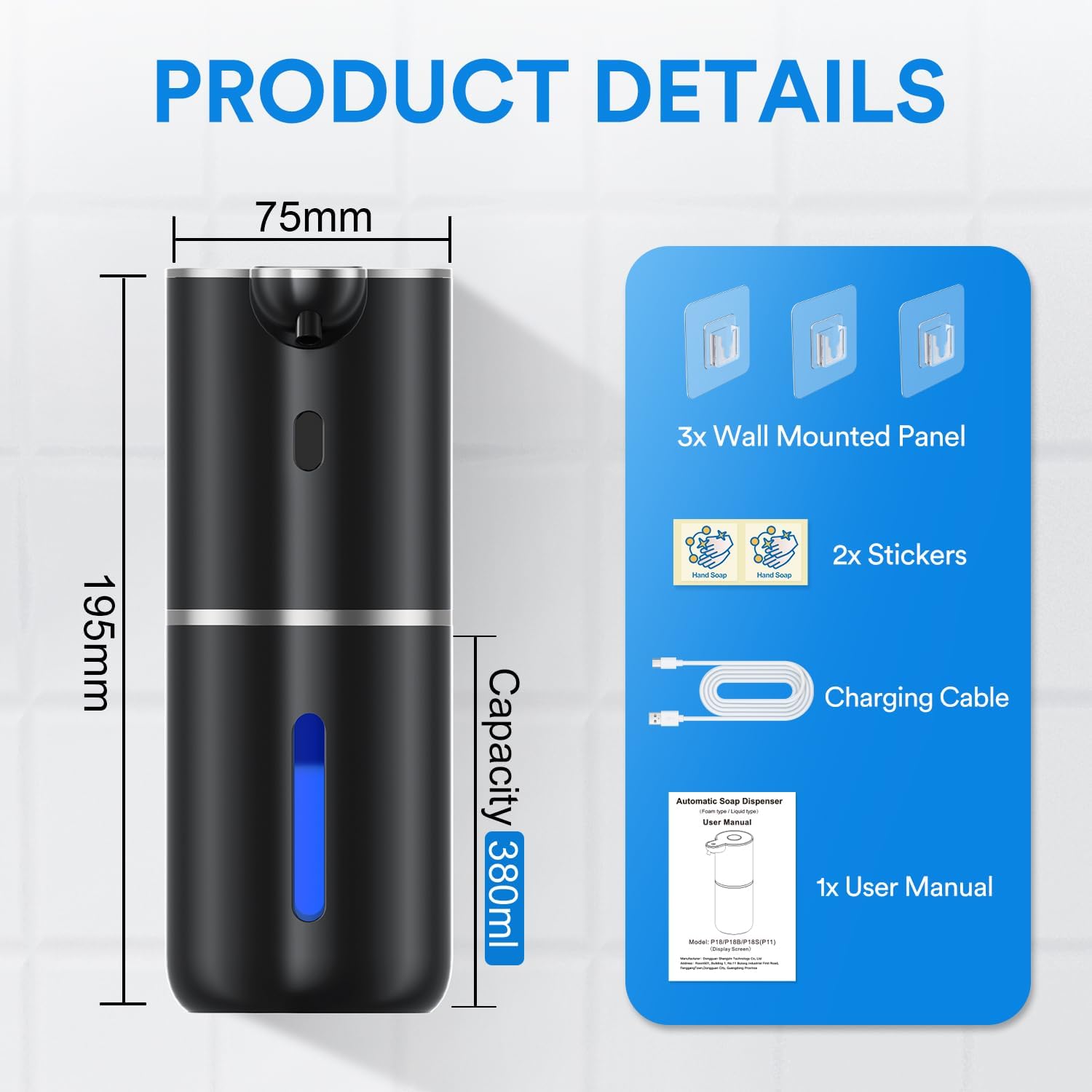 Thumbnail 6 de Seifenspender Automatisch mit digitaler Anzeige, 380 ml – Berührungslos, IPX5, USB wiederaufladbar