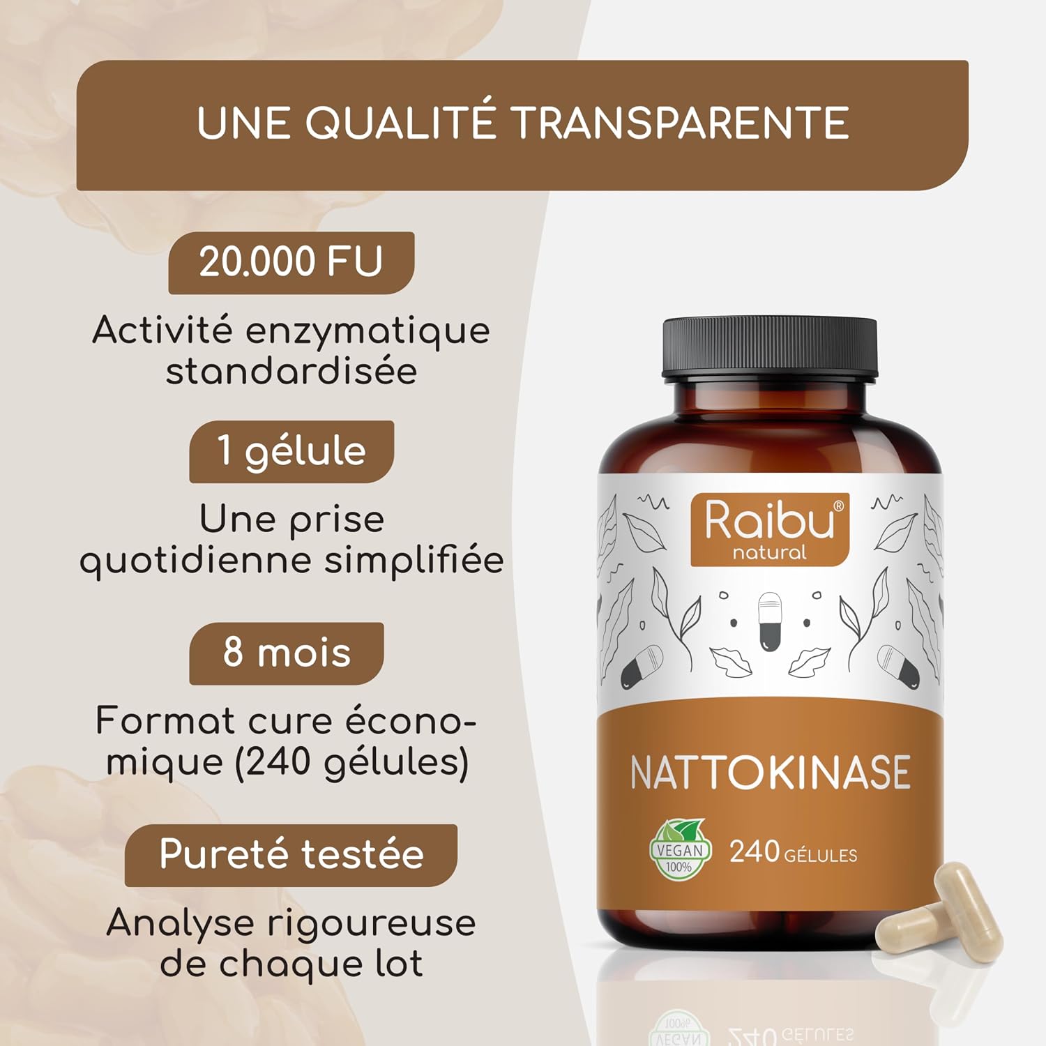 Detalle de Nattokinase 100 mg (20.000 UI/g) Hautement Dosé – 240 Gélules par Raibu I, 8 mois d’approvisionnement, Natto à base de soja, végan et sans additifs