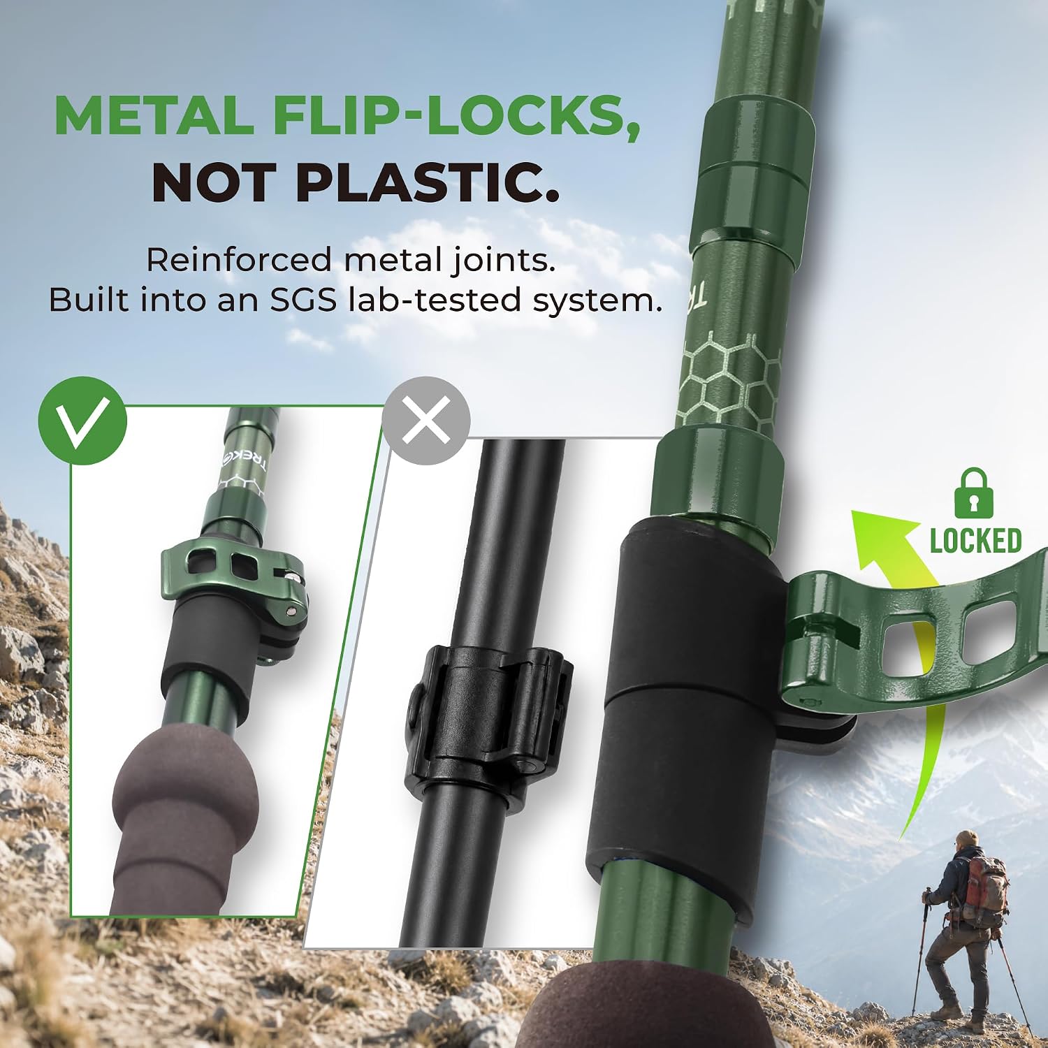 Detalle 2 de TREKOLOGY Trek-Z Folding Trekking Poles, Adjustable Aluminum, Cork Green