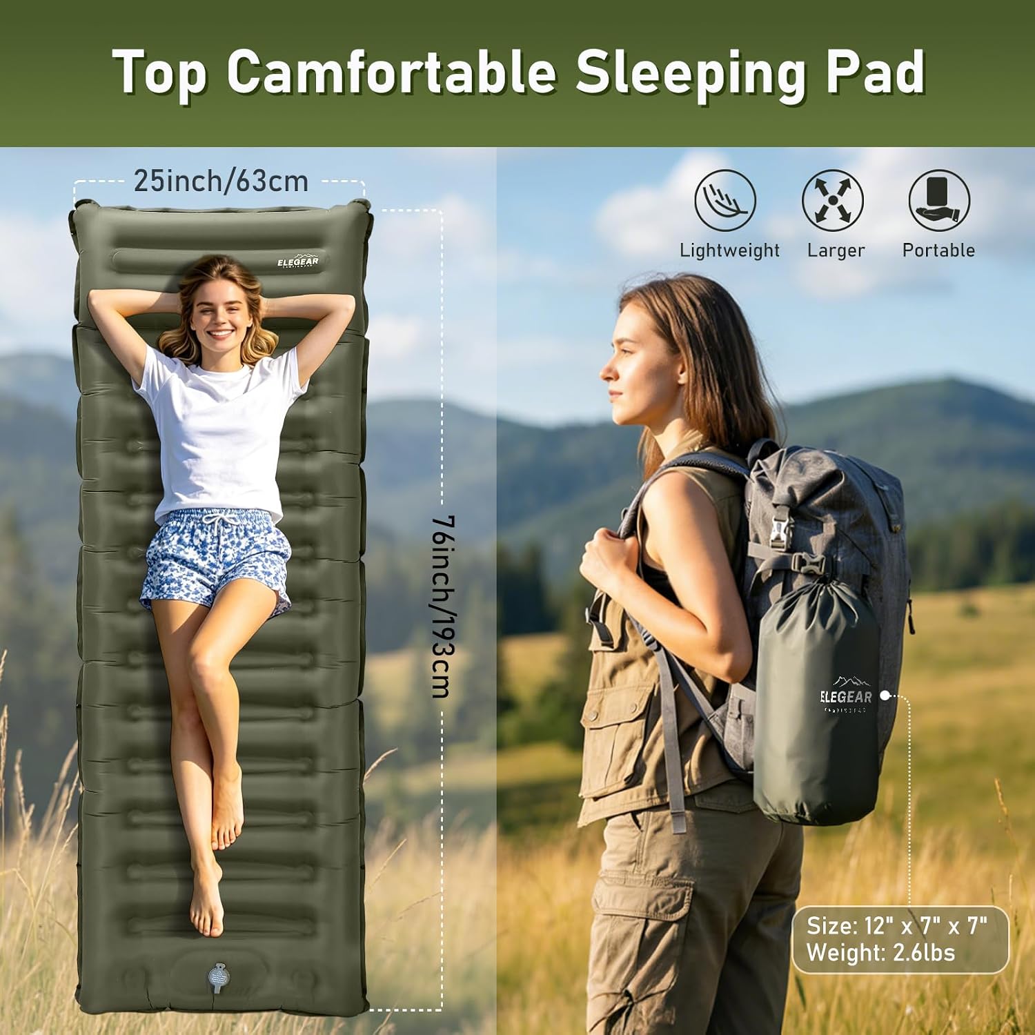 Detalle de Elegear CumbreX Single Camping Mat 14cm: Ultralight, Built-In Pillow and Foot Pump