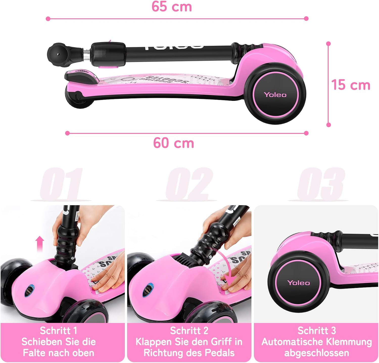 Thumbnail 5 de YOLEO Kinderoller Dreiradscooter – verstellbarer Lenker, leuchtende PU-Räder und kompakte Falteigenschaft