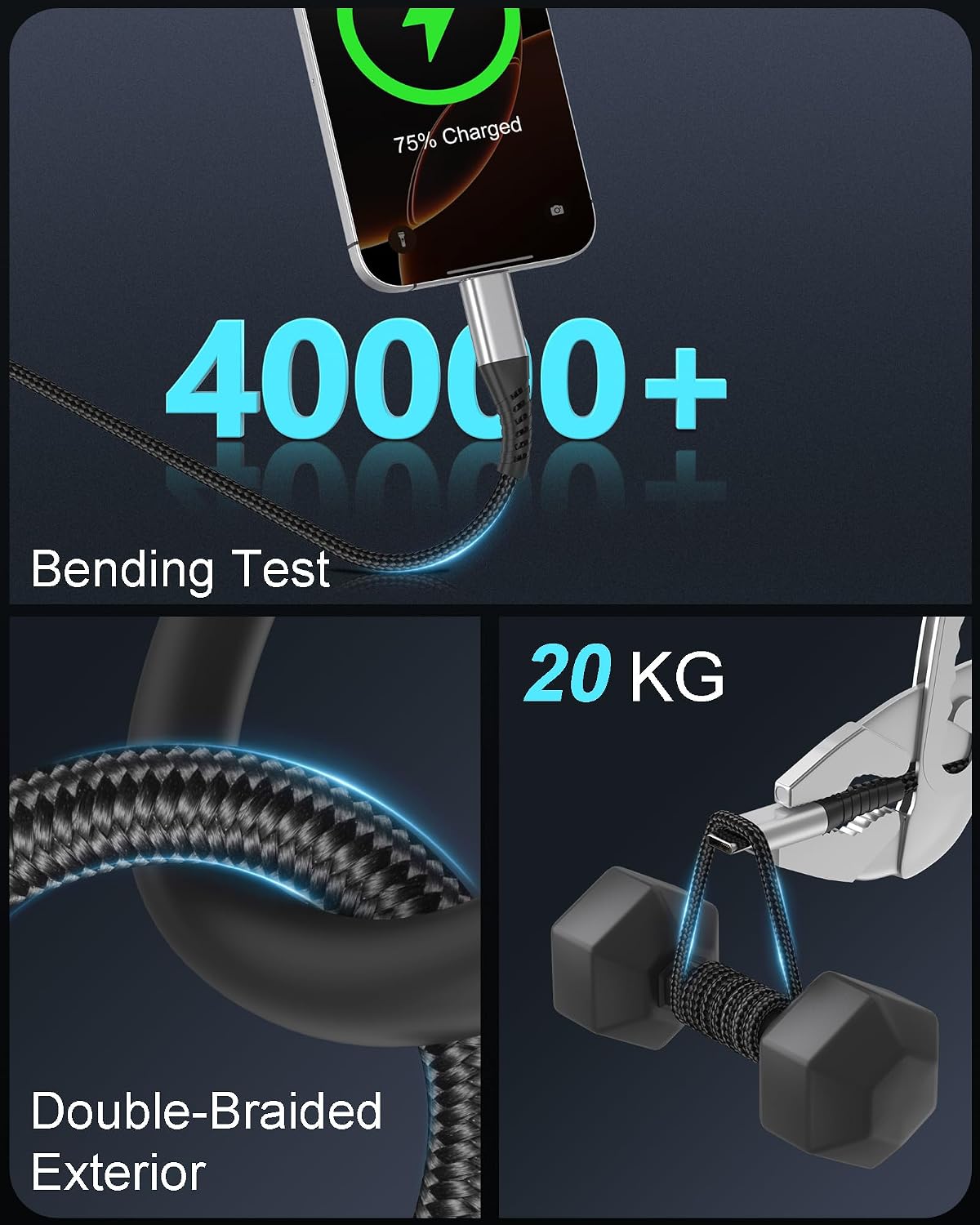 Thumbnail 3 de 3er-Set USB-C auf USB-C Kabel Kurz (60 cm) – 60W PD 3.0, Nylon-Ummantelung