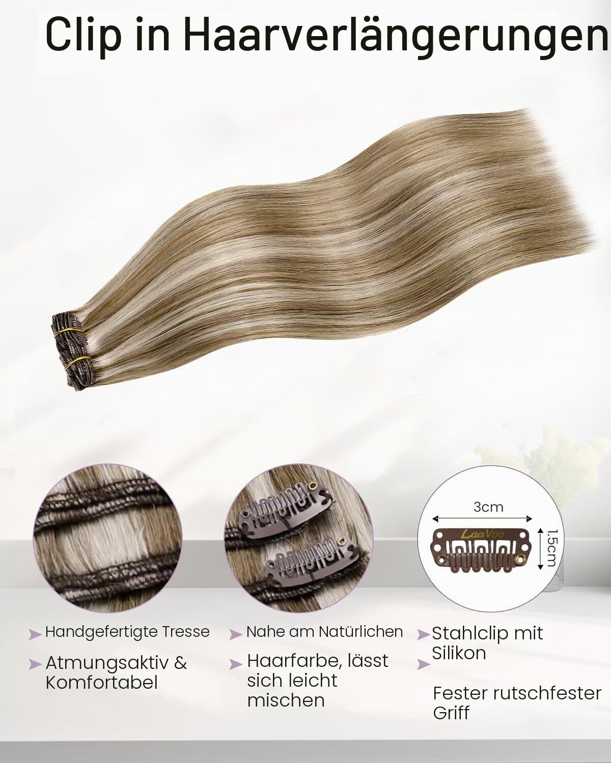 Detalle de LaaVoo Clip-in Extensions Echthaar Blond – 40 cm, 5 Stück/80 g