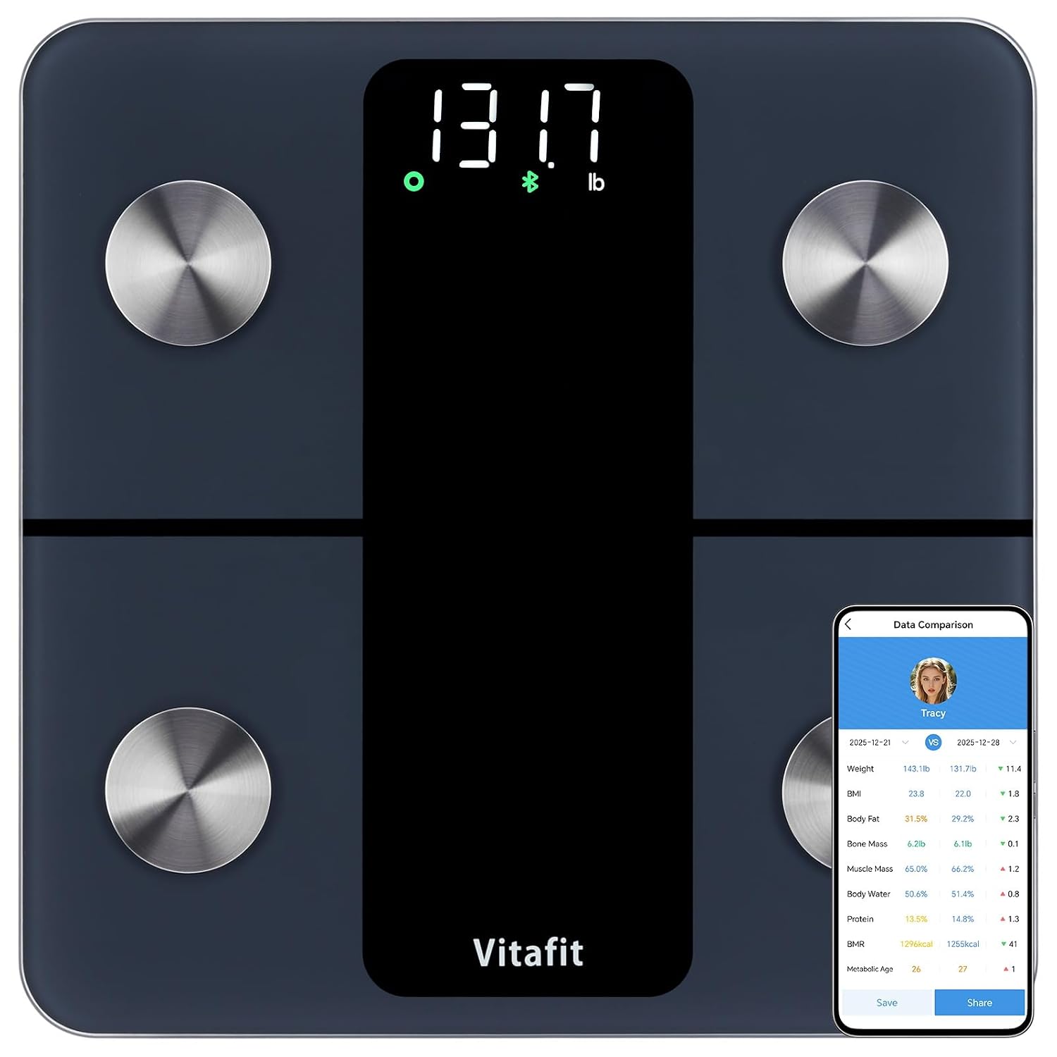 Detalle de Vitafit smart badrumsvåg med kroppssammansättning, LED-display och 182 kg kapacitet