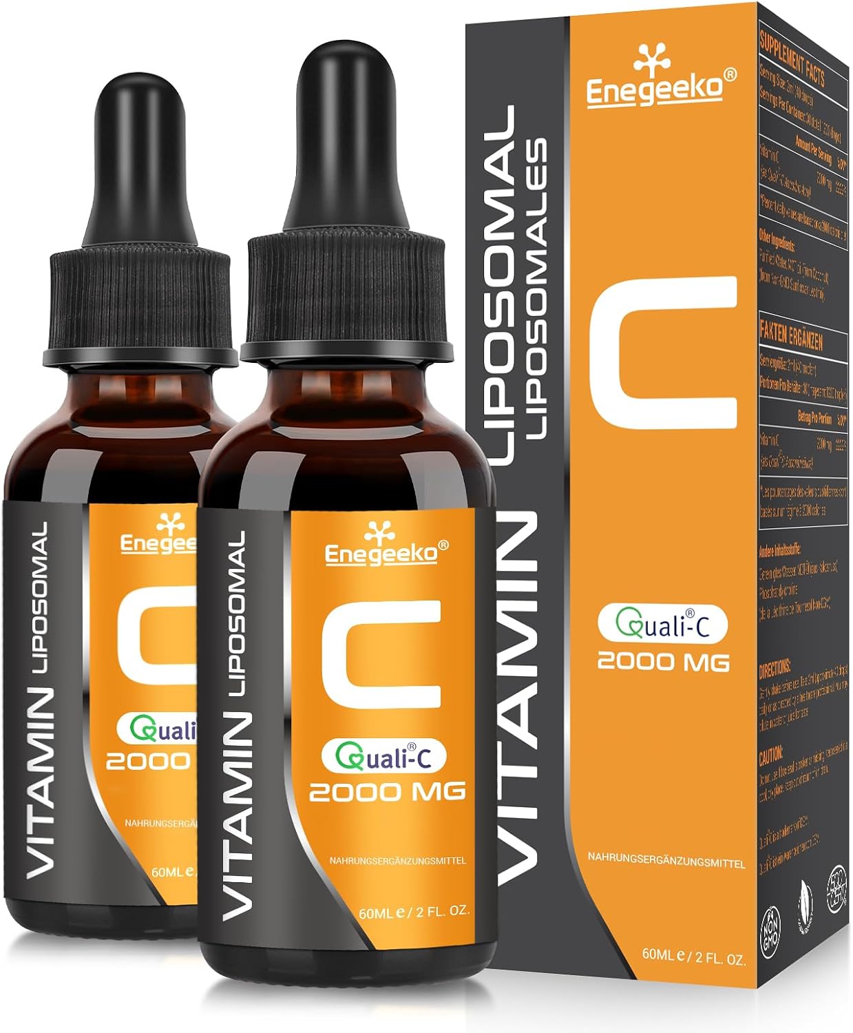 Detalle de Liposomales Vitamin C 2000 mg mit Quali-C – pH-neutral, vegan, Nicht-GVO, Tropfen (60 ml, 2er Pack)