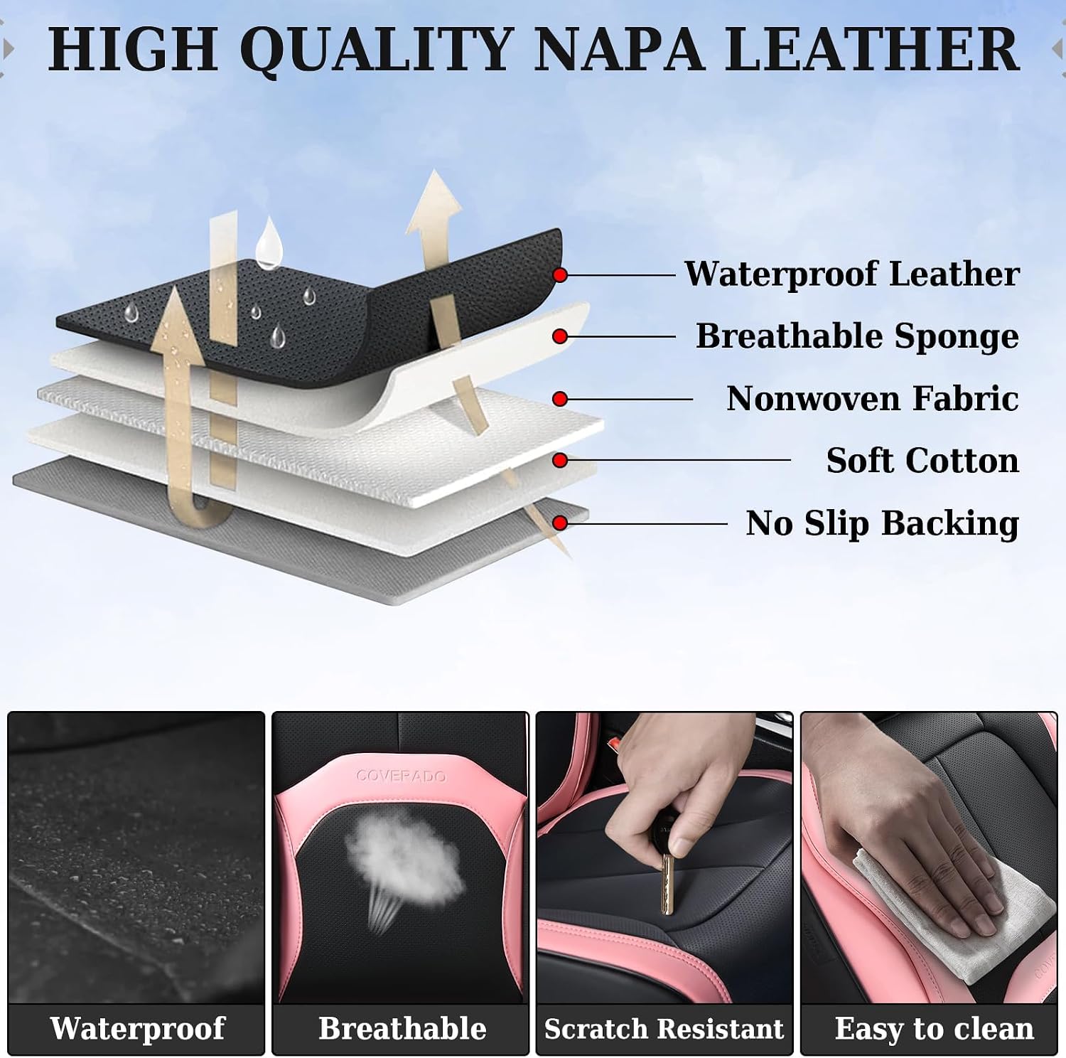 Thumbnail 6 de Coverado Car Seat Covers Full Set — Waterproof Nappa Leather with Lumbar Support (Black & Pink)