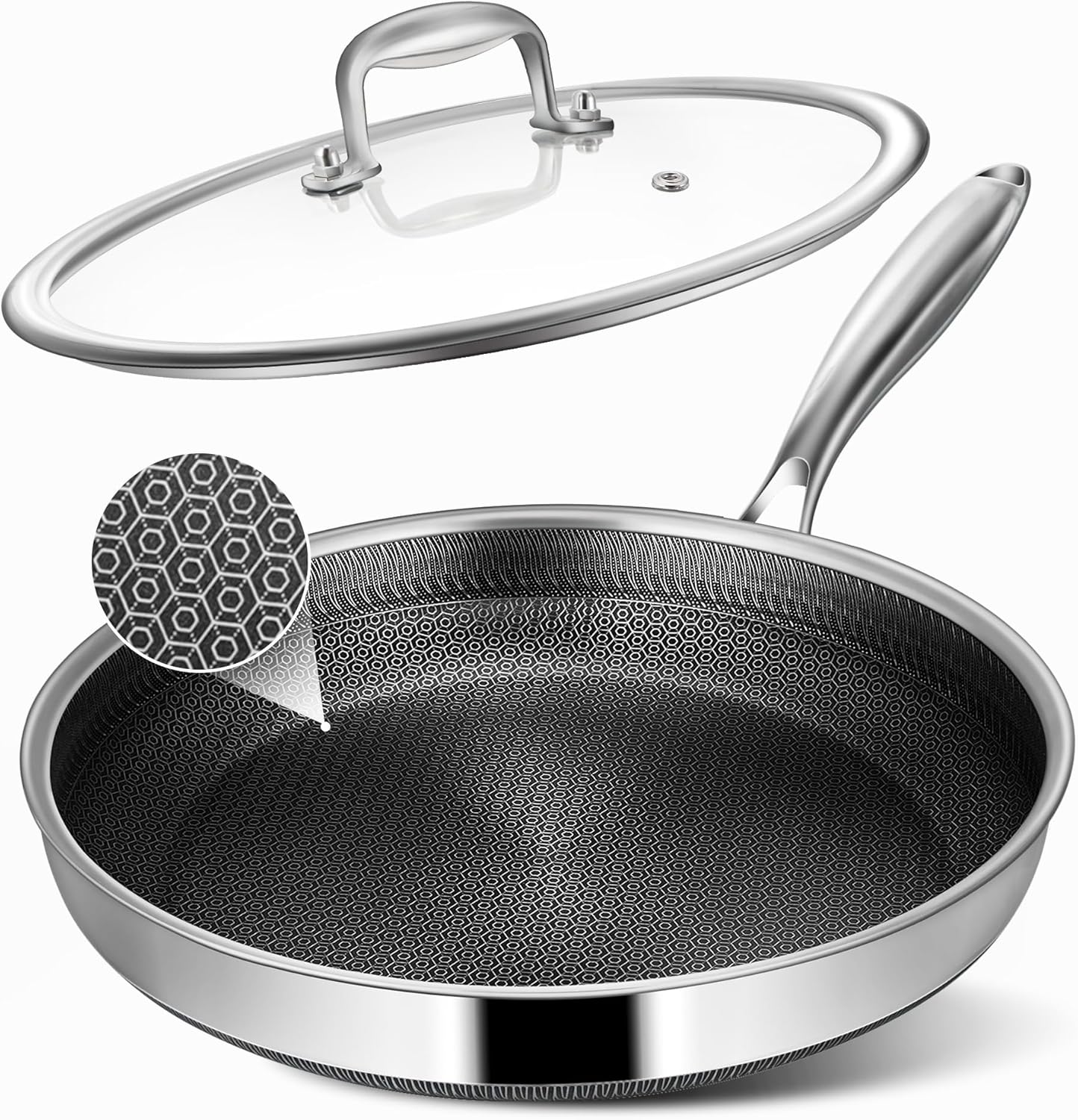 Detalle de Vocvee 12-Inch Nonstick Frying Pan with Lid (Hybrid Stainless Steel, Stay-Cool Handle)