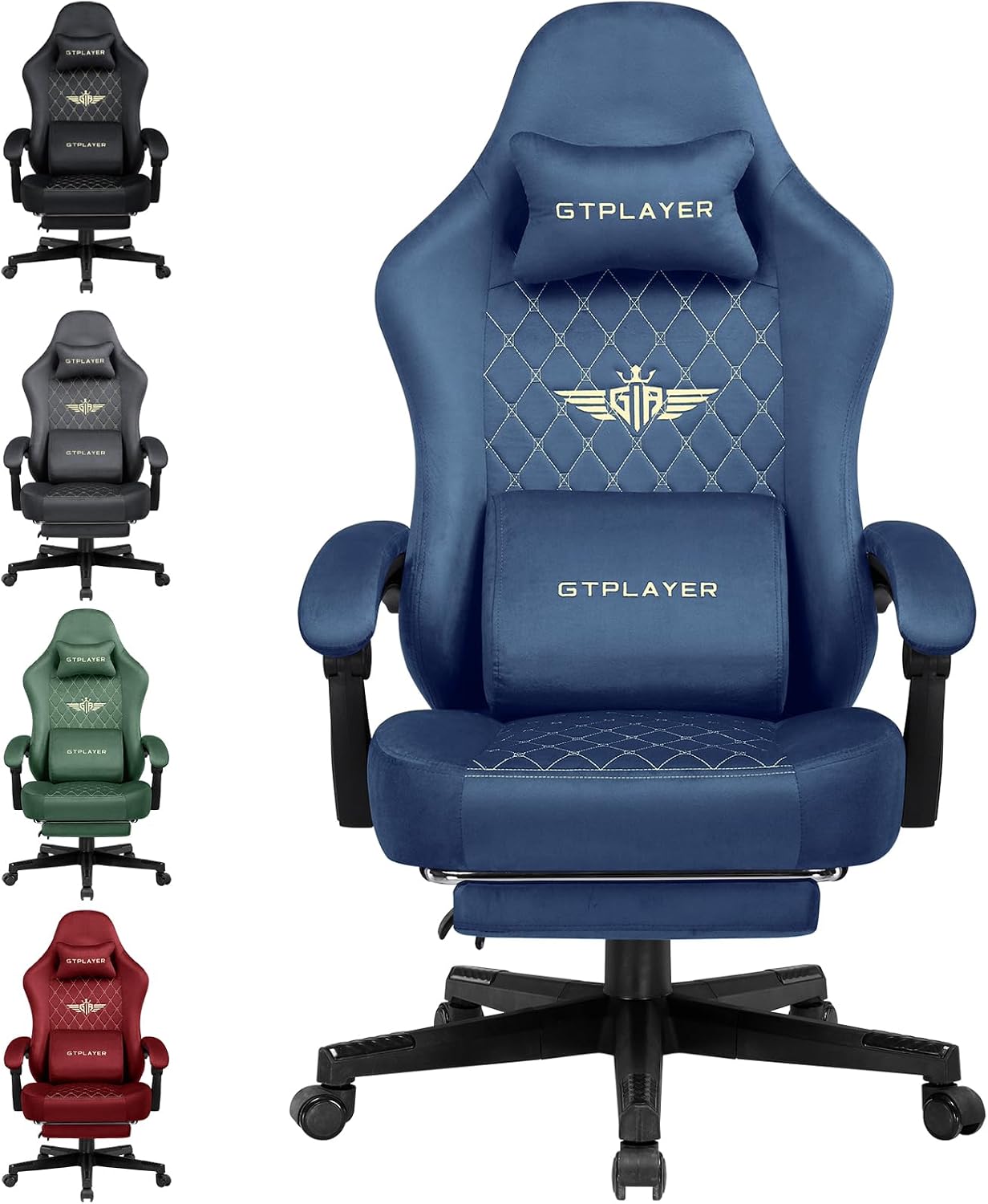 Detalle de GTPLAYER Blue Fabric Gaming Chair with Spring-Cushioned Seat and Footrest