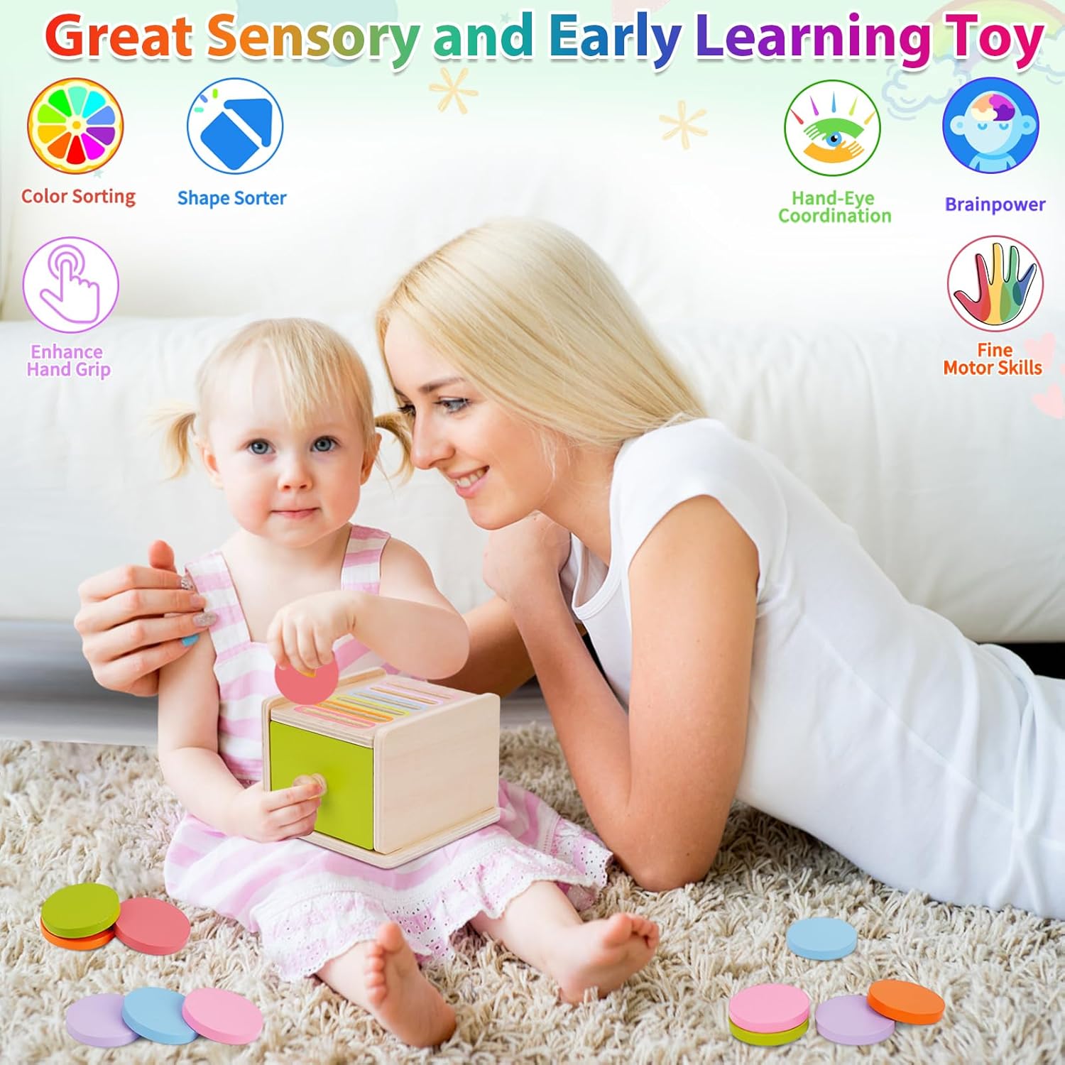 Thumbnail 3 de FCSONU Jouet Bebe 1–3 Ans : Jeu Montessori en bois avec tiroirs et pièces colorées