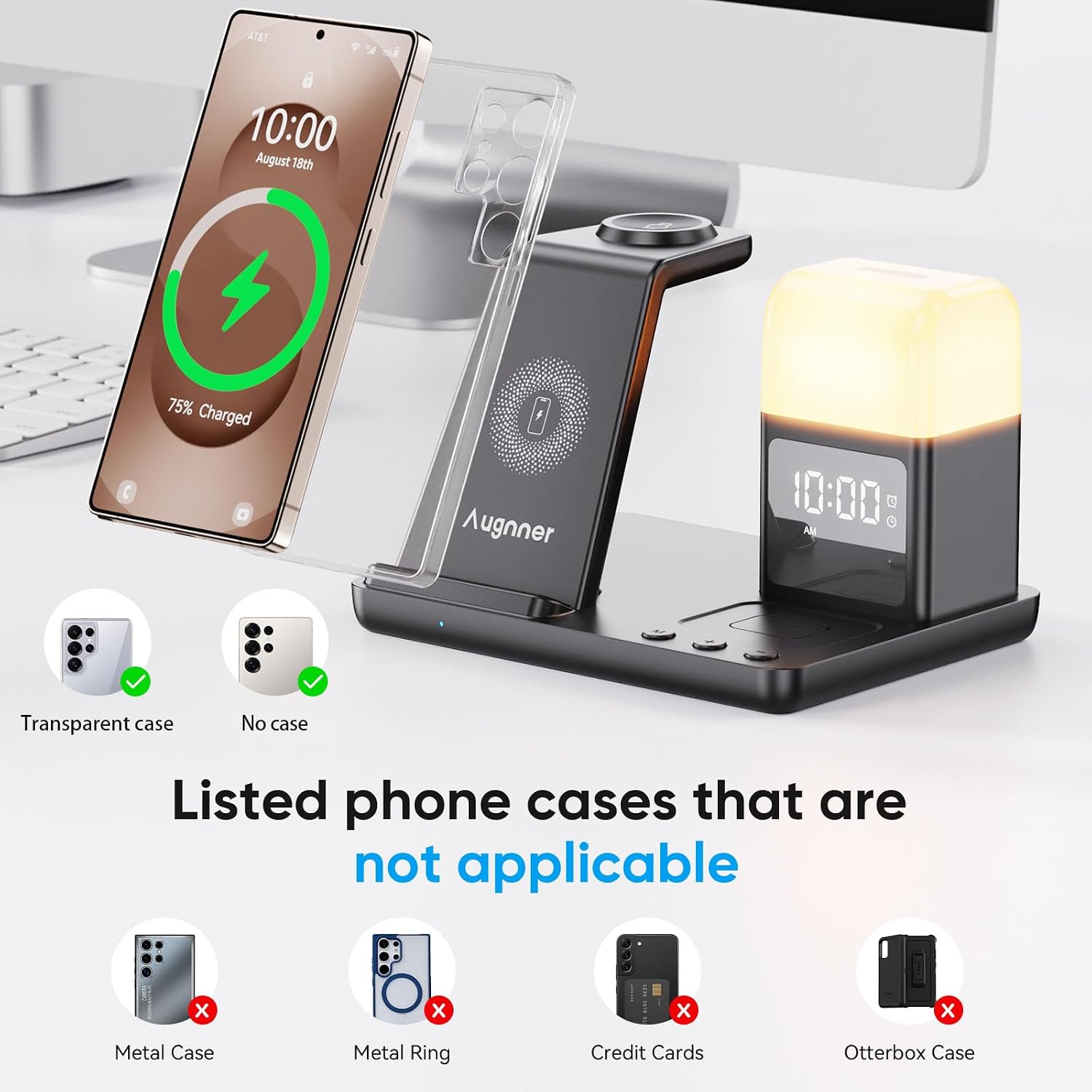 Detalle 2 de Augnner 6-in-1 Upgraded Wireless Charging Station with Alarm Clock & 3-Colour Light (up to 15W) for Samsung devices