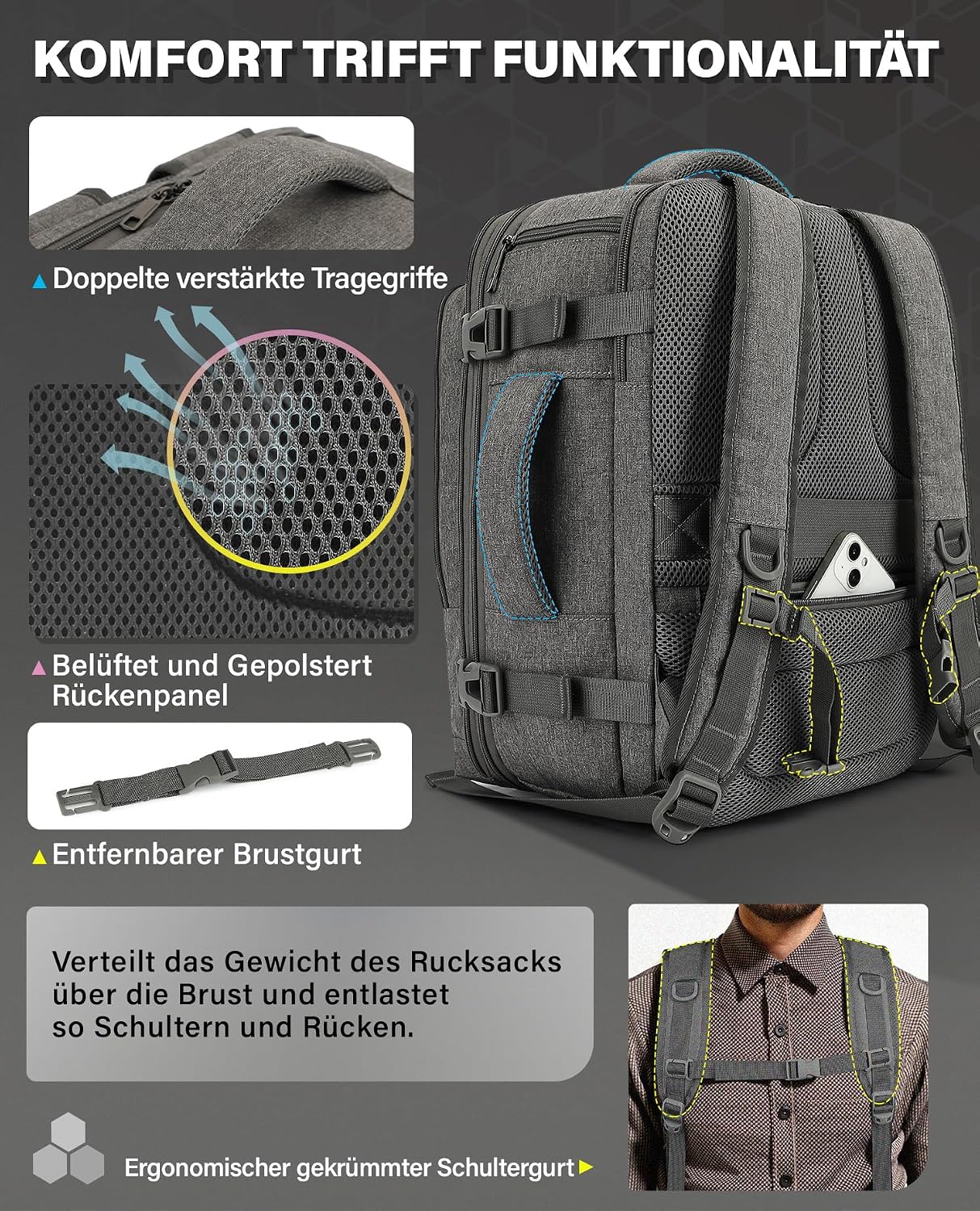 Detalle 2 de VANKEV Handgepäck-Rucksack 24–30 L für Reisen mit 15,6 Zoll Laptop