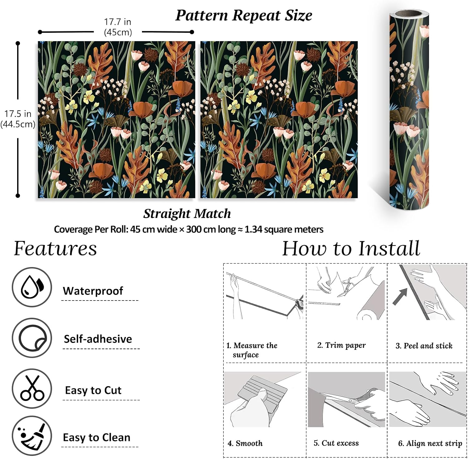 Thumbnail 6 de VEELIKE Vintage Black Floral Wallpaper 44.5×300cm