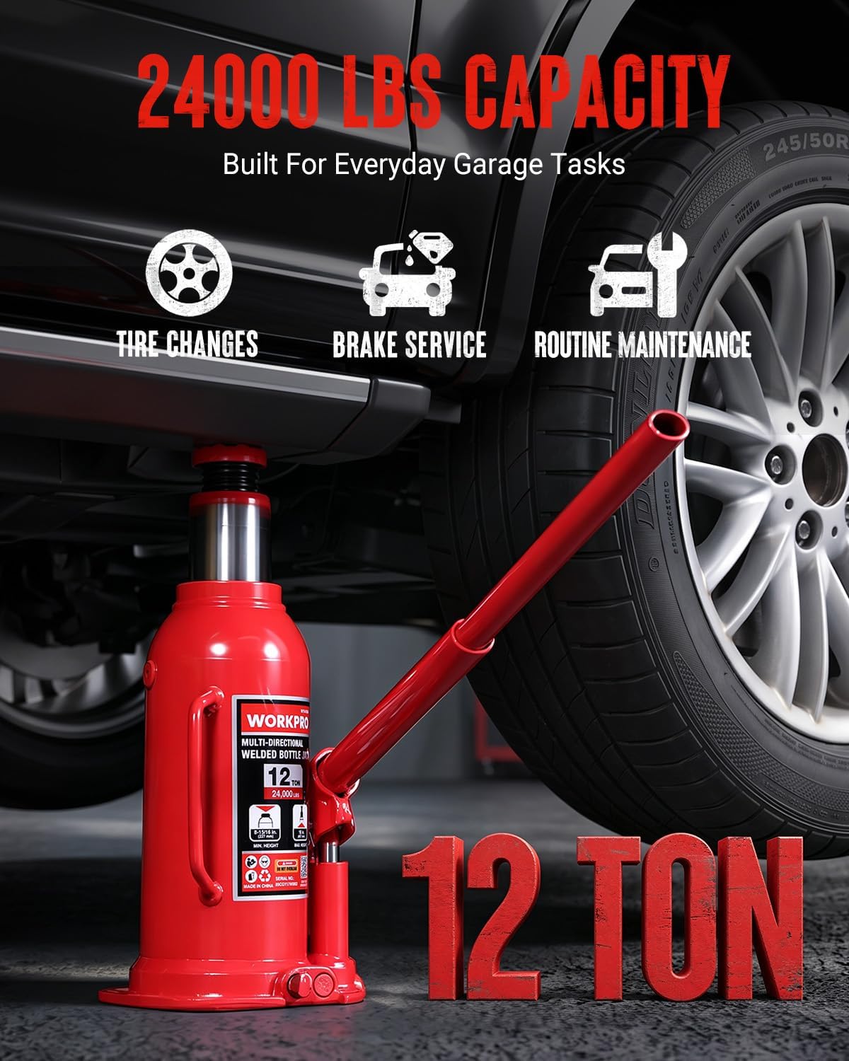 Detalle de WORKPRO W114189AE 12-Ton Multi-Directional Welded Steel Bottle Jack