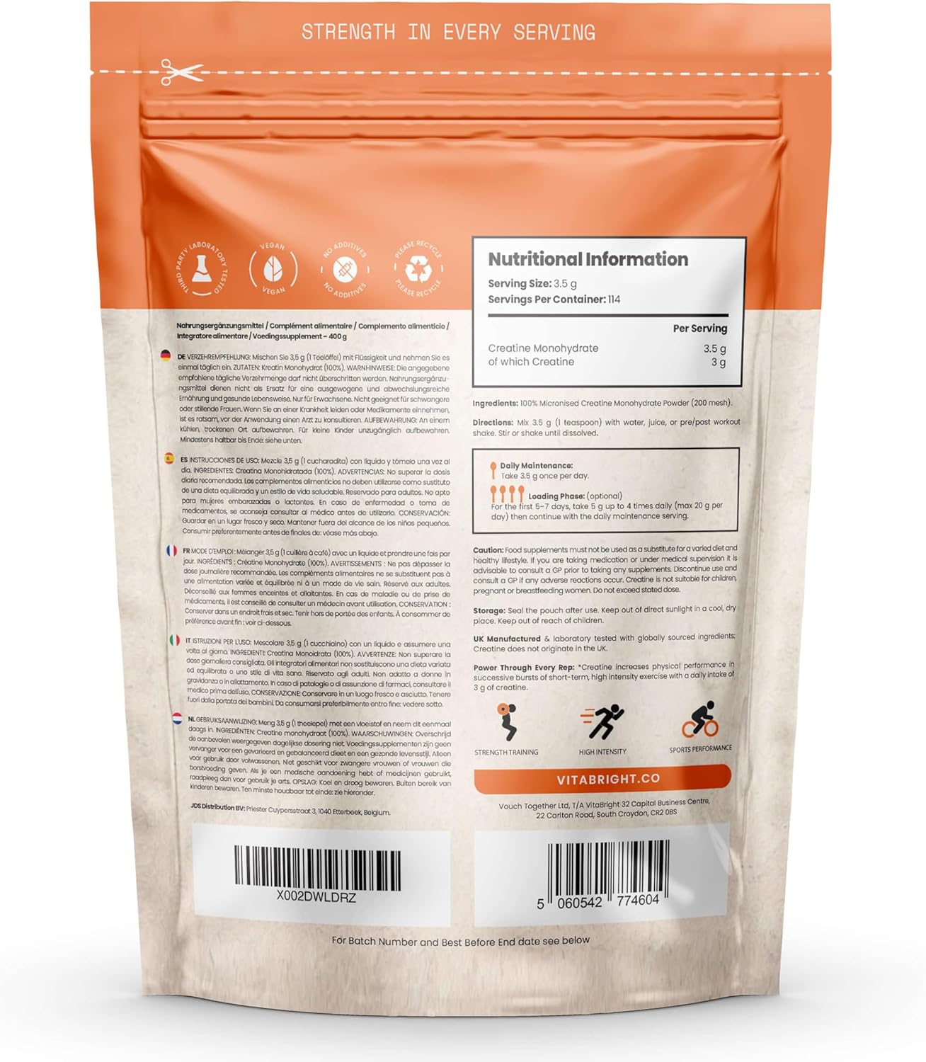Detalle 2 de Vitabright Creatina Monohidratada polvo 400 g