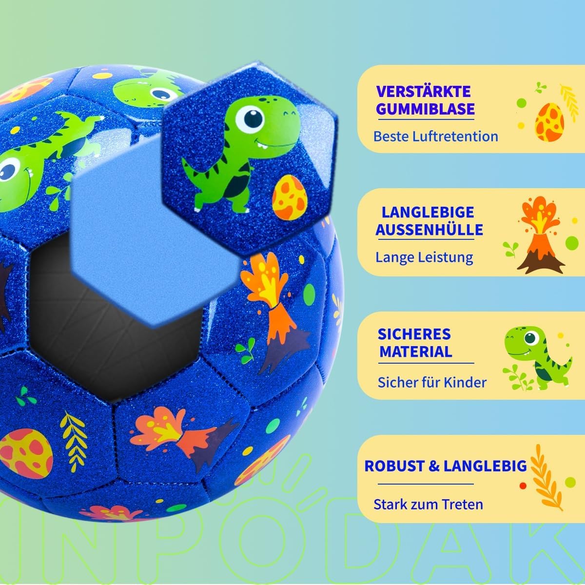 Thumbnail 2 de INPODAK Kinderfußball Größe 3 Dinosaurier-Fußball – Glitzerblau, 3–8 Jahre