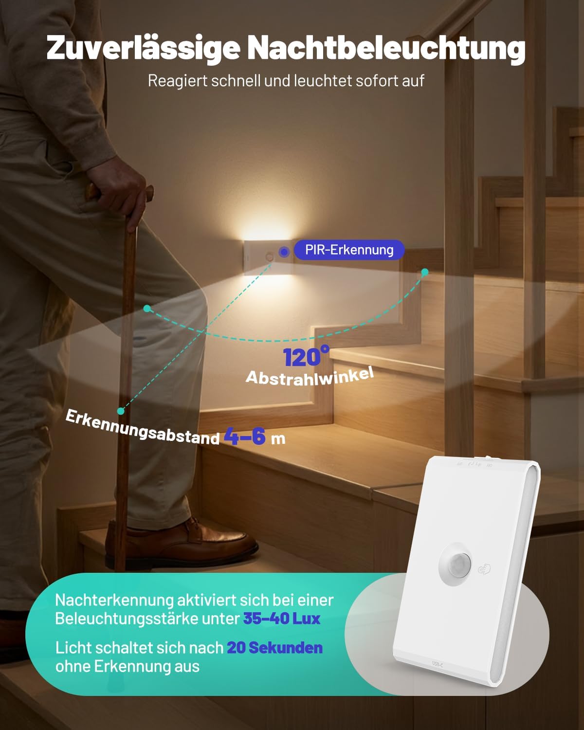 Thumbnail 2 de Treppenbeleuchtung mit Bewegungsmelder & Dämmerungssensor (6er-Set) – dimmbares LED Nachtlicht mit Akku