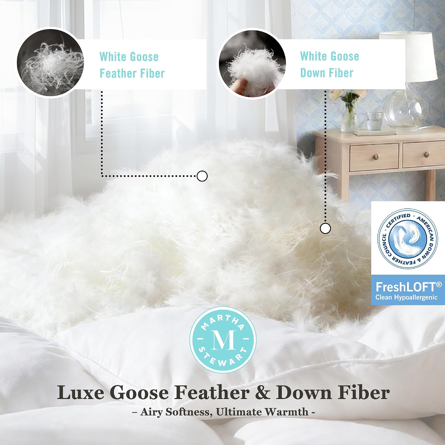 Detalle de Martha Stewart Queen Comforter, Goose Feather & Down Fiber, Cotton Cover, All-Season Medium Warmth