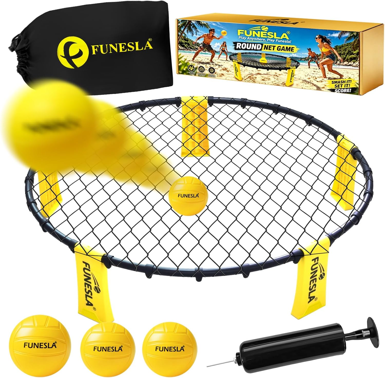 Detalle de Funesla Roundnet Set mit Tasche – Strand & Garten, direkter Steckmontage, 3 Bälle, Pumpe und Tragetasche