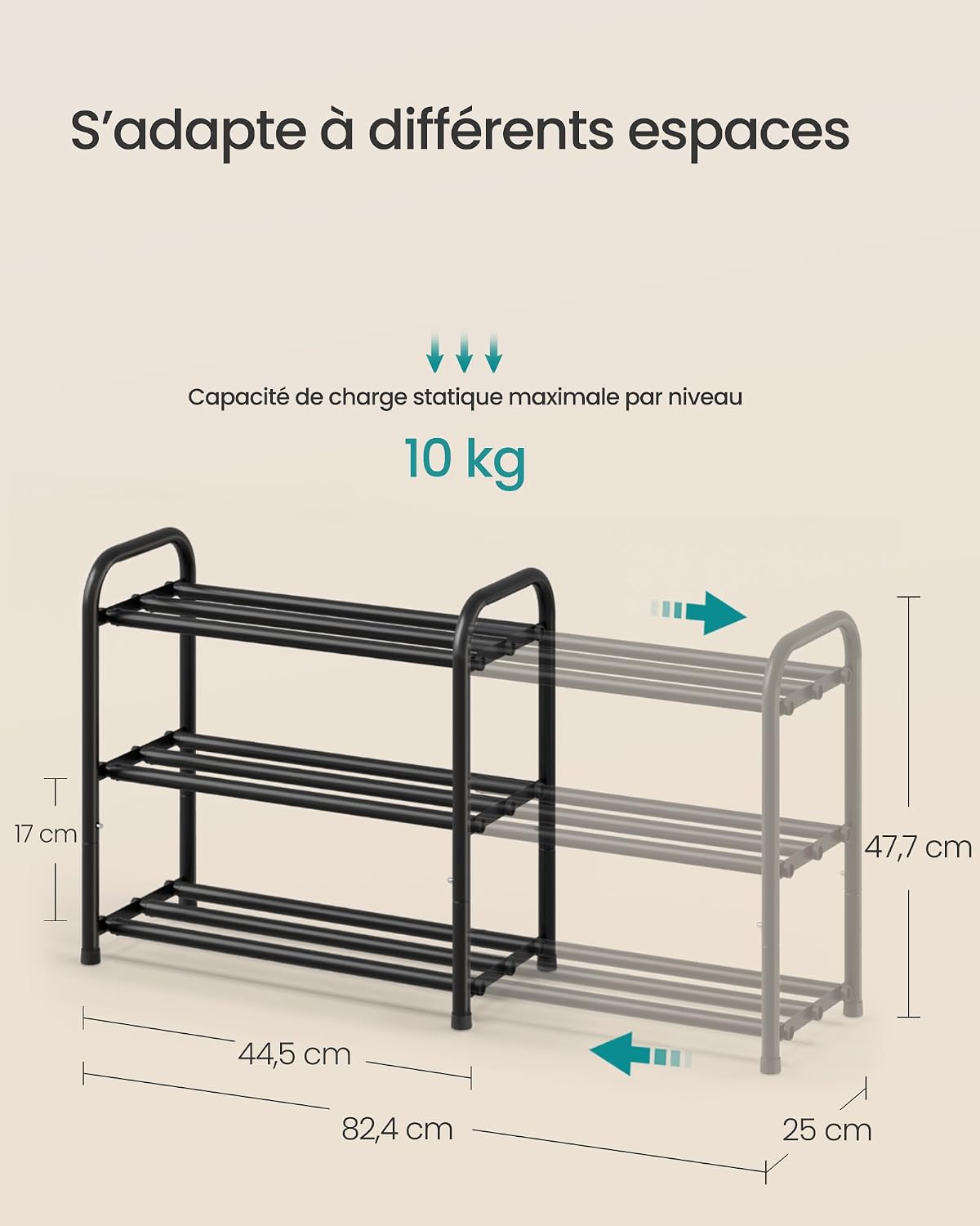 Detalle de SONGMICS Étagère à Chaussures Extensible, 3 Niveaux – Noir d'encre (LMR036BD01)