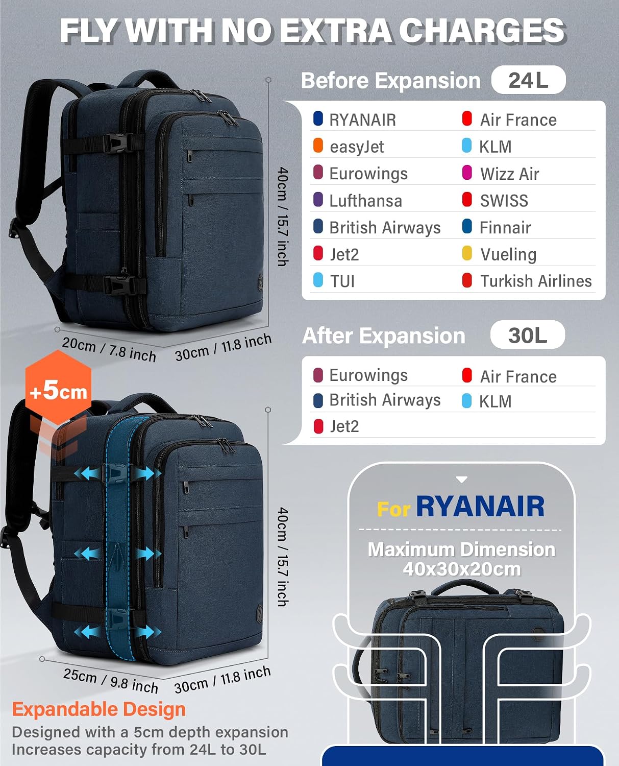 Thumbnail 1 de VANKEV Cabin Bag 24L to 30L expandable