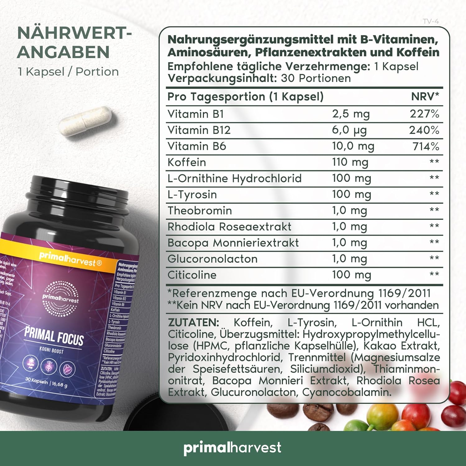 Thumbnail 1 de Primal Harvest Kogni Boost – Nahrungsergänzung mit Koffein, L-Tyrosin, Citicolin, Bacopa, Rhodiola & B-Vitaminen (vegan)