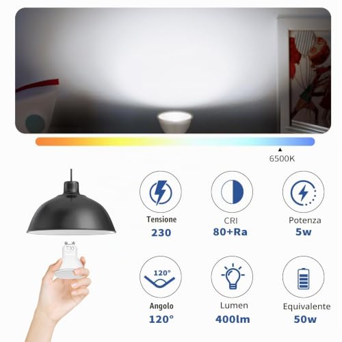Detalle de Lampadina LED GU10 5 W YIIFELL – luce bianca fredda 6000 K, 400 lm, 120°