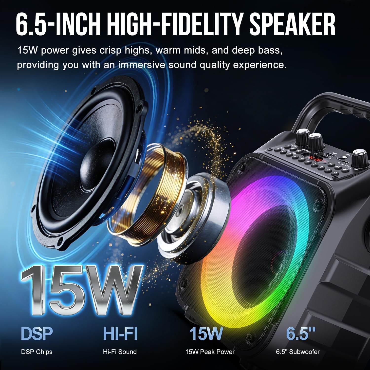 Detalle de voijump K303-N Portable Karaoke Machine with Bluetooth, LED Lights and 2 Wireless Microphones